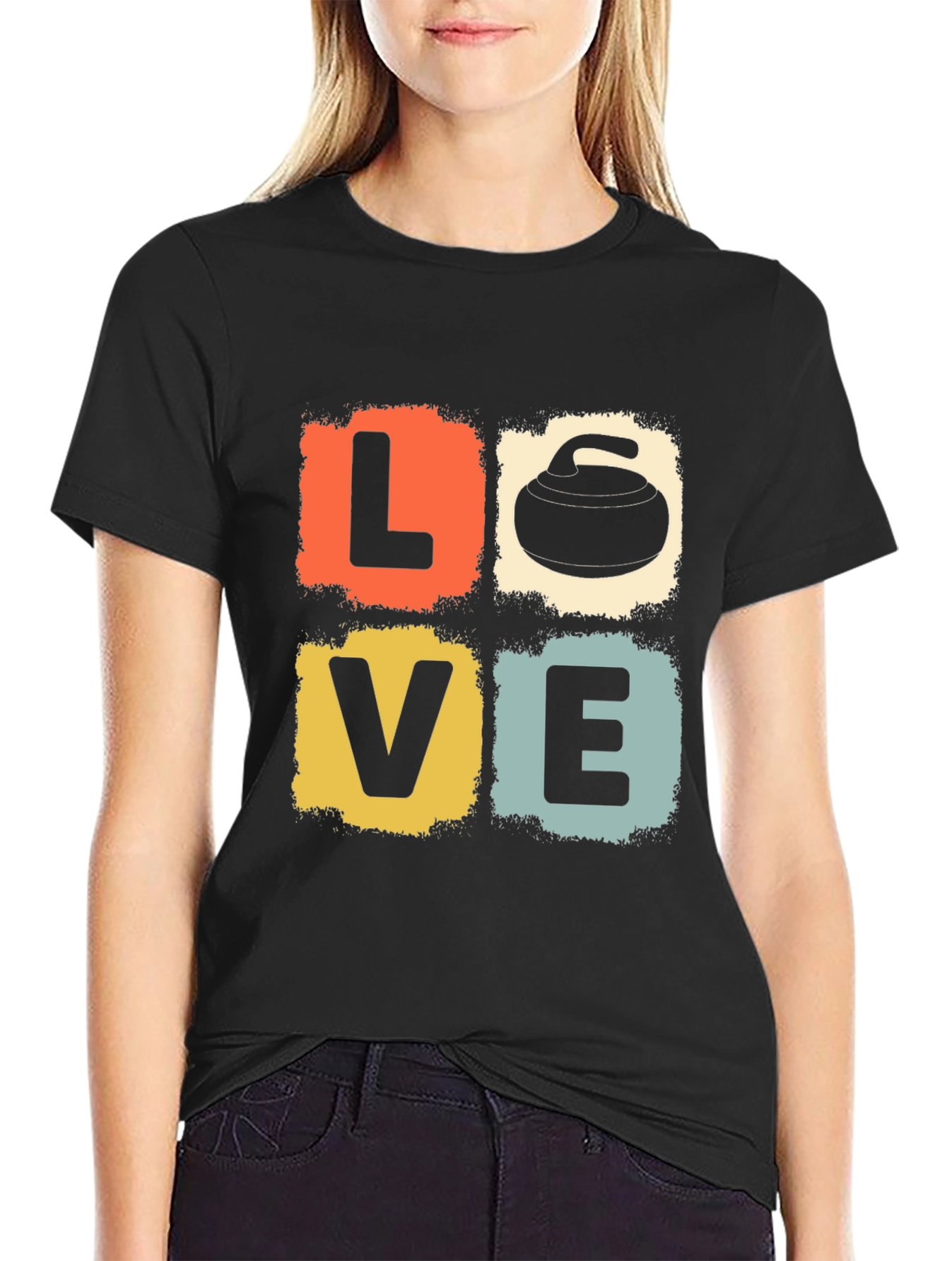 Black LOVE Curling Stone Retro Graphic T-Shirt view 2
