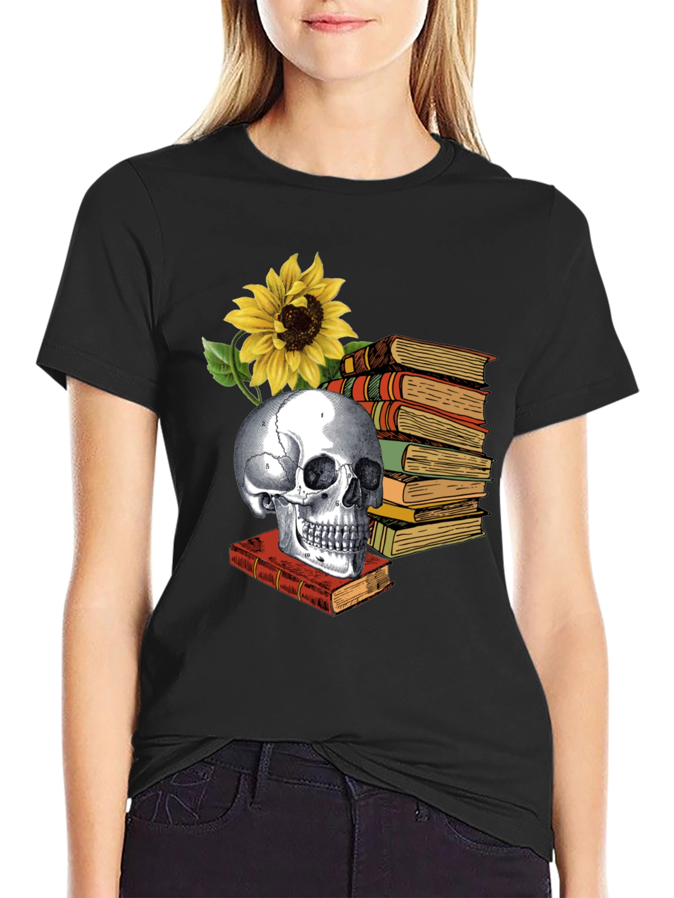 Black Skull & Books Graphic Tee - Read in Peace view 2