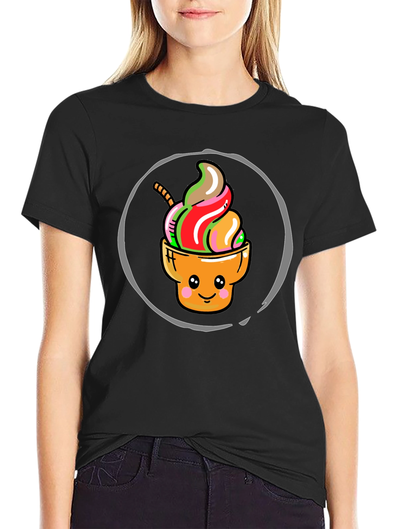 Black Cute Ice Cream Cone Graphic T-Shirt view 2