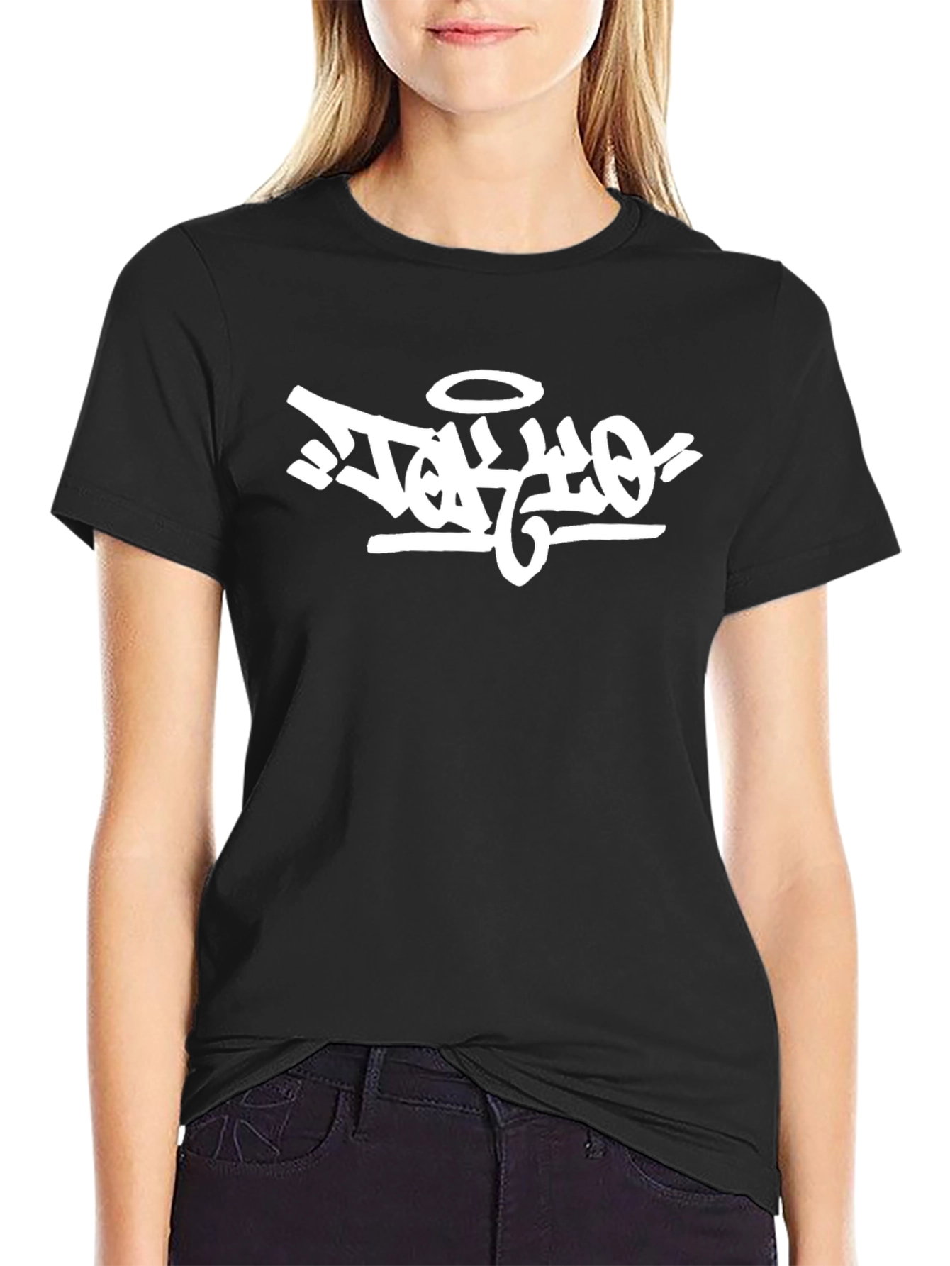 Black Edgy Graphic Tee: Black T-Shirt with White Graffiti Design view 2