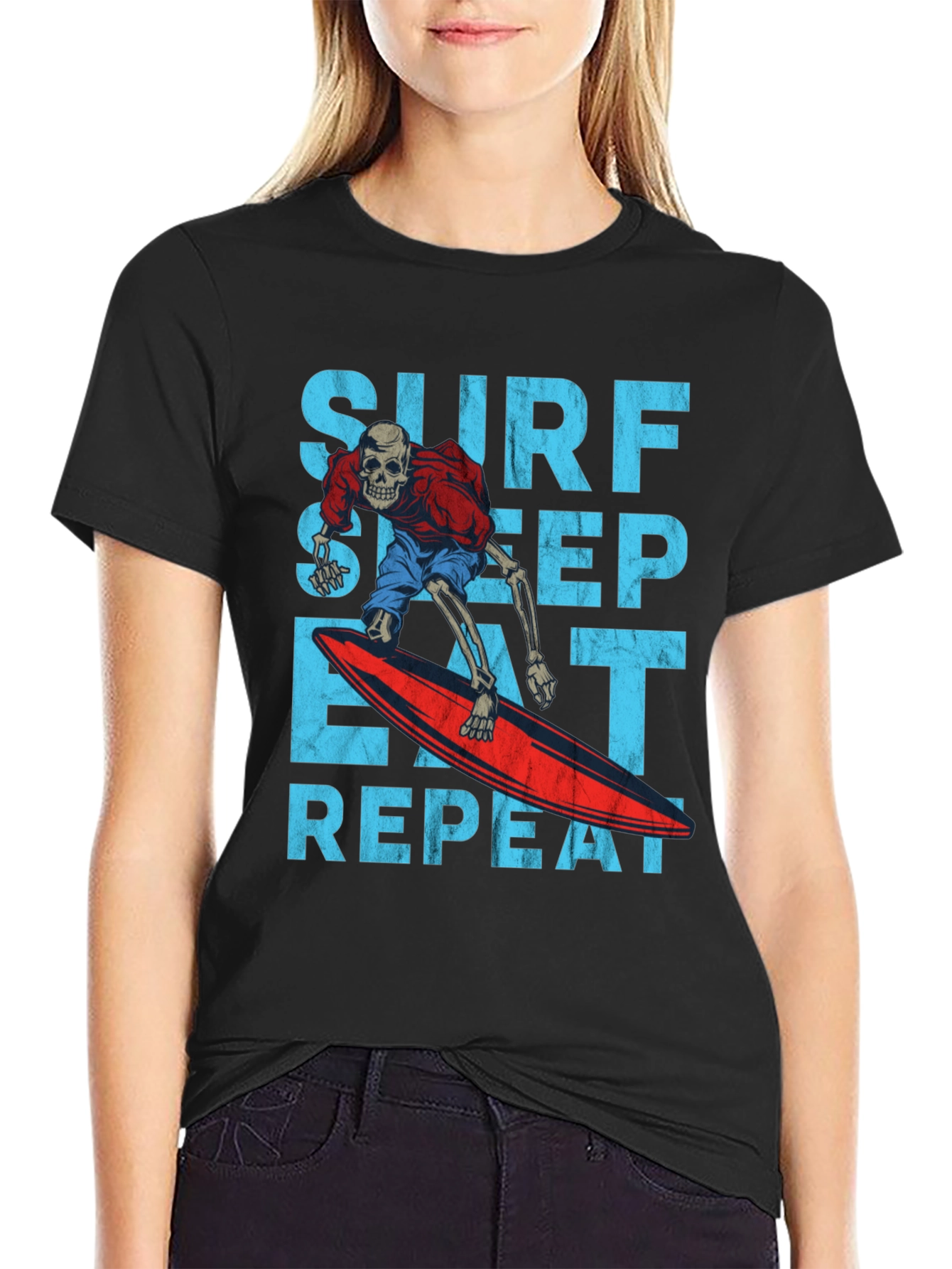 Black Surf Sleep Eat Repeat Skeleton Surfer Graphic Tee view 2