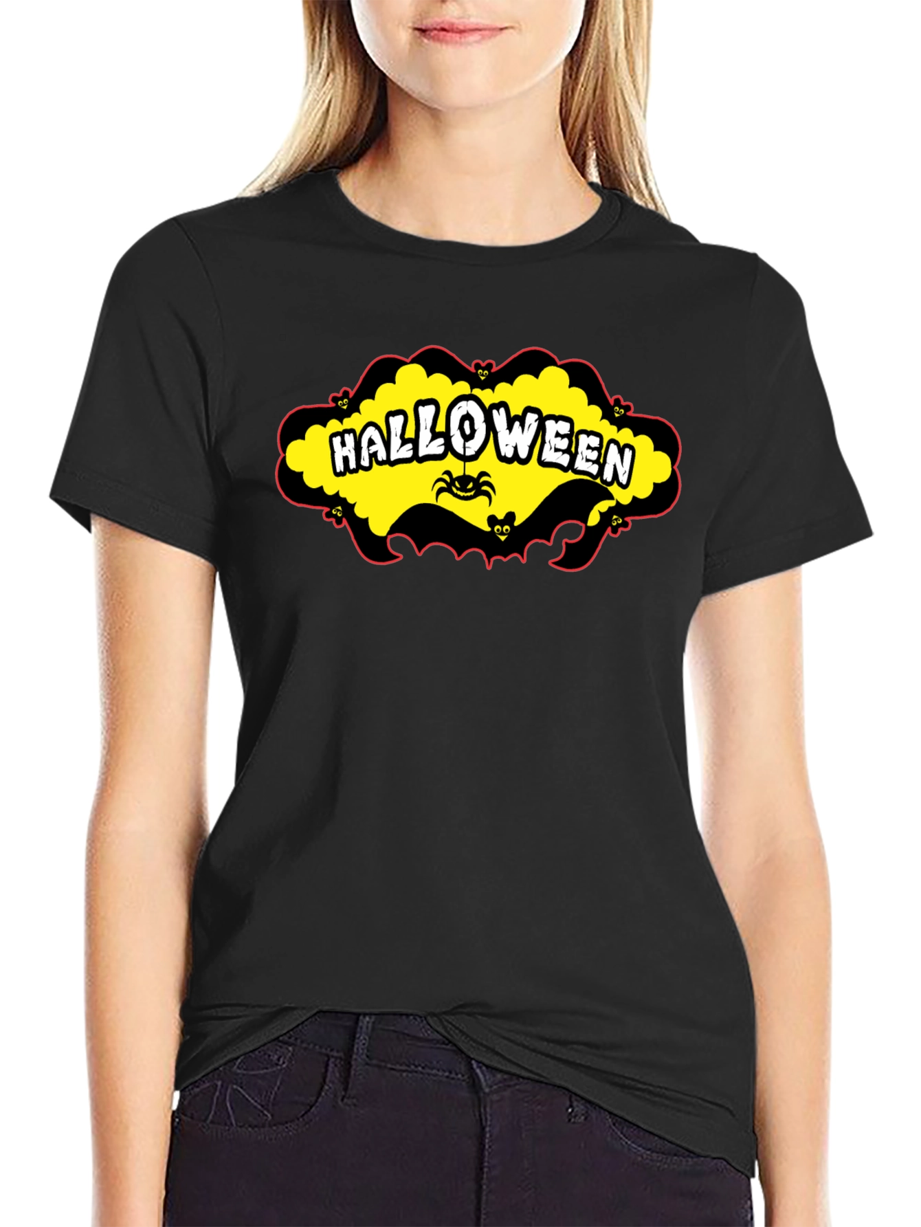 Black Halloween T-Shirt - Spooky Spider & Bats Design view 2