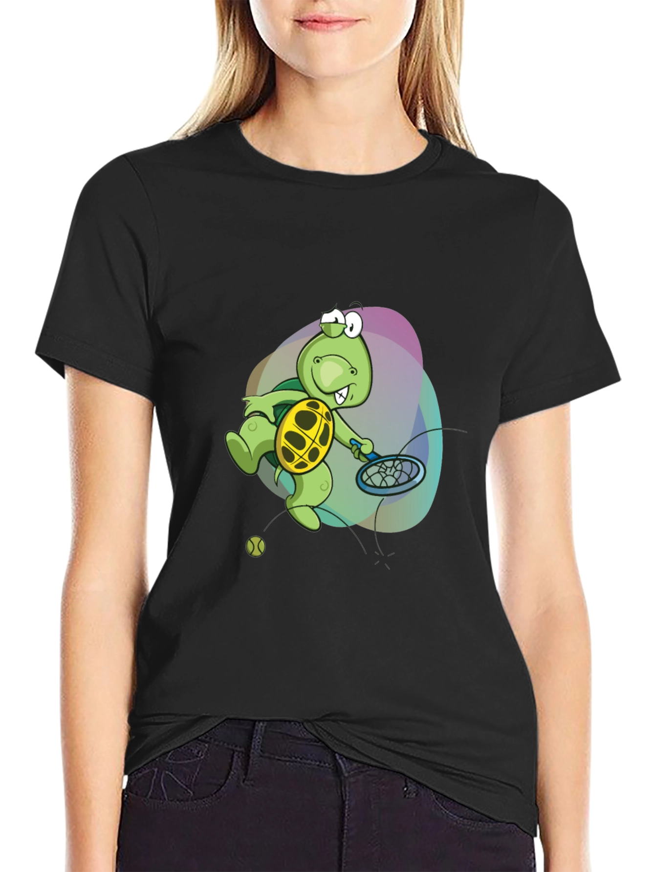 Black Turtle Tennis T-Shirt - Fun Cartoon Graphic Tee view 2