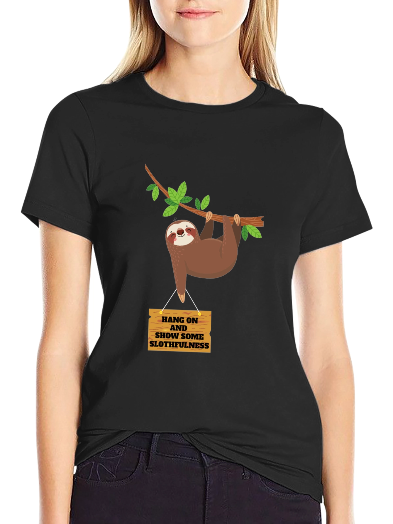 Black Funny Sloth T-Shirt - Hang On, Show Some Slothfulness view 2