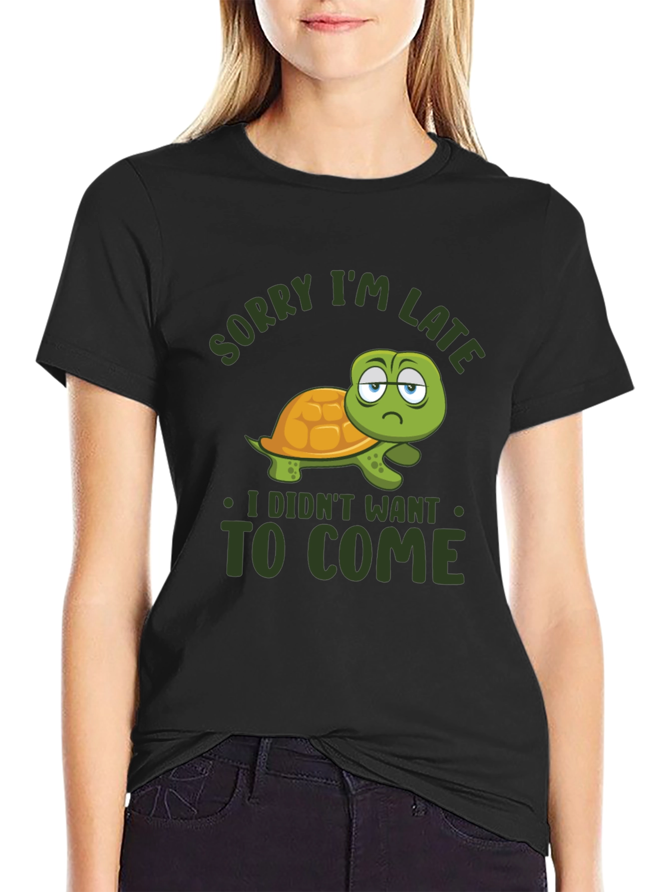 Black Funny Turtle Sorry I'm Late Graphic T-Shirt view 2