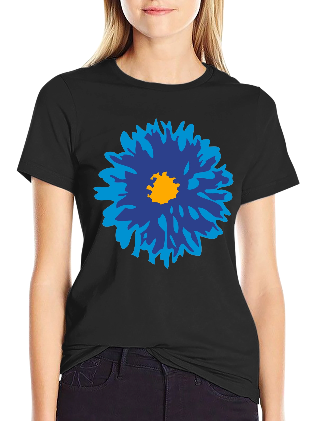 Black Blue Flower Graphic Tee - Men's Black Cotton T-Shirt view 2
