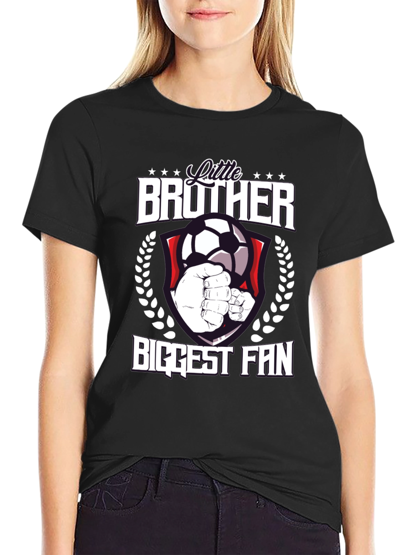 Black Little Brother Biggest Fan Soccer T-Shirt view 2