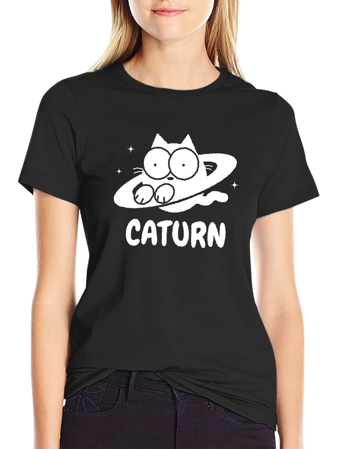 Black Caturn Black T-Shirt Funny Graphic Tee view 2
