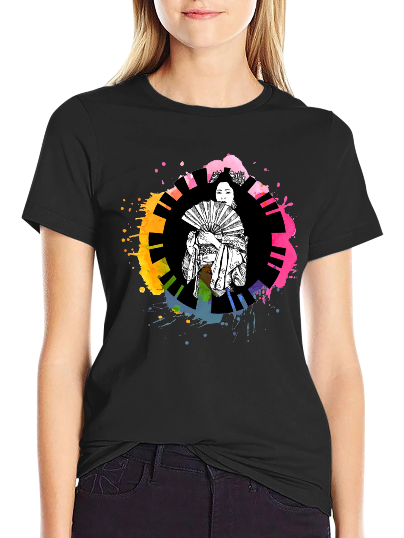 Black Geisha Art T-Shirt - Colorful Piano Design view 2