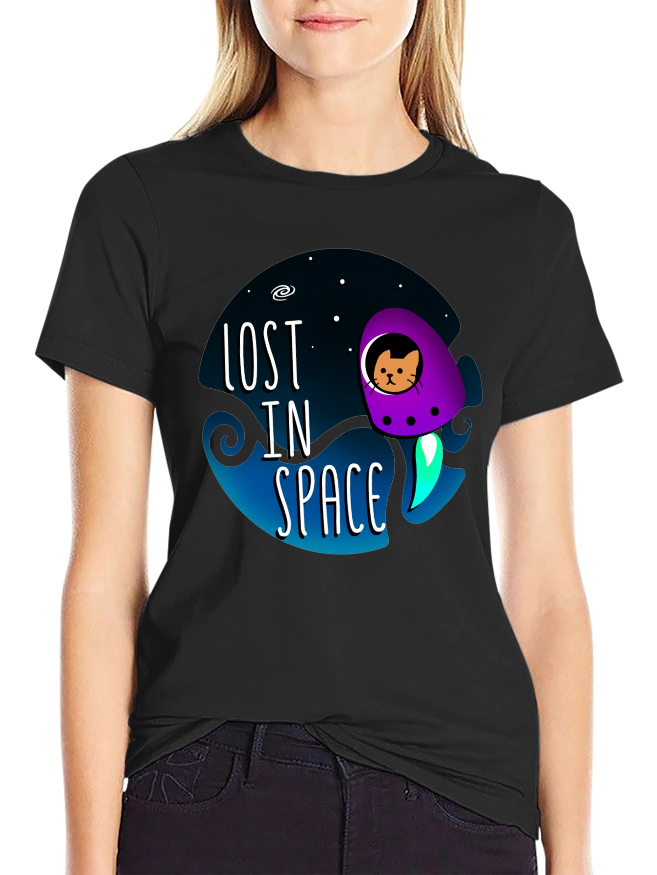 Black Lost in Space Cat T-Shirt view 2