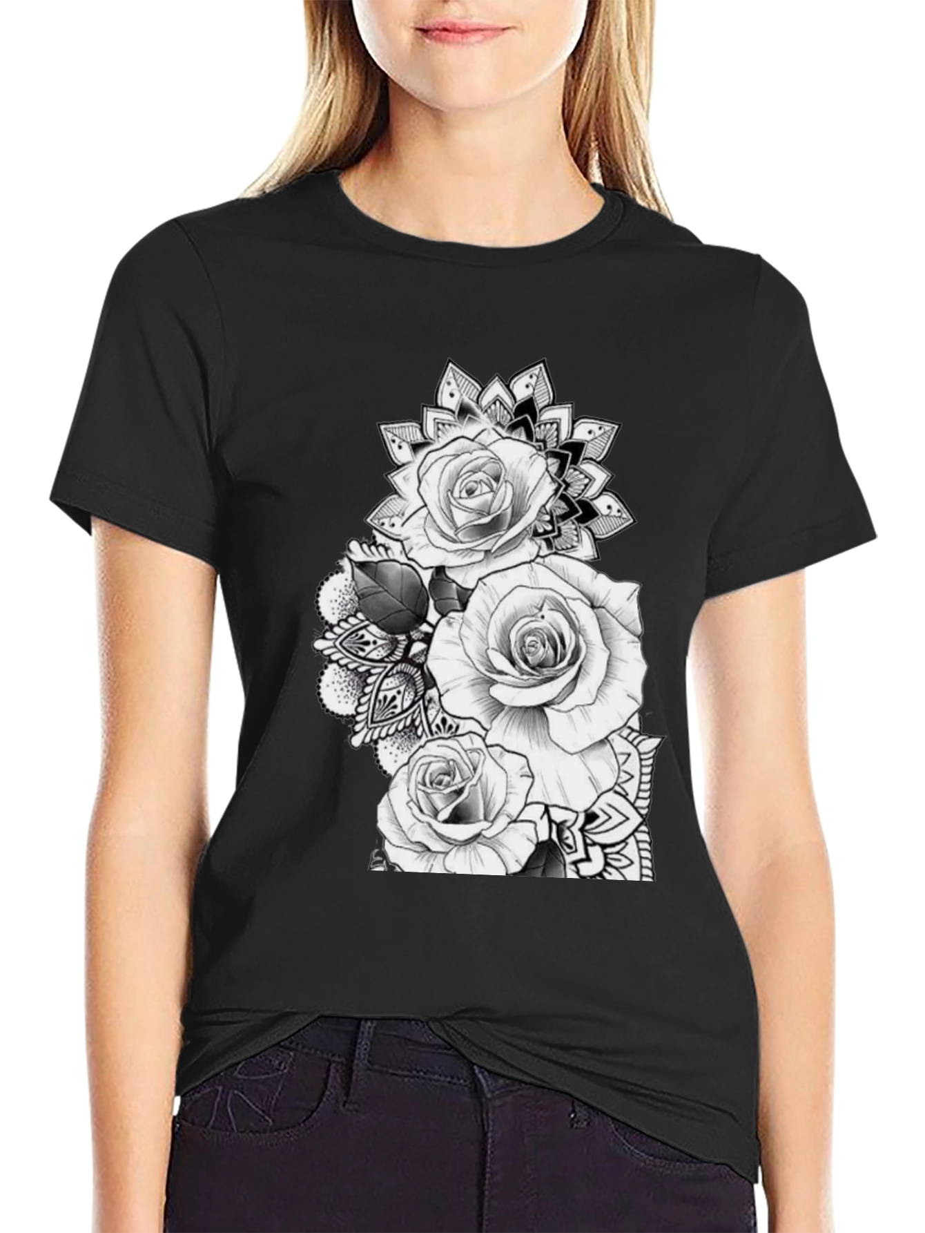 Black Black Rose Mandala Graphic Tee view 2