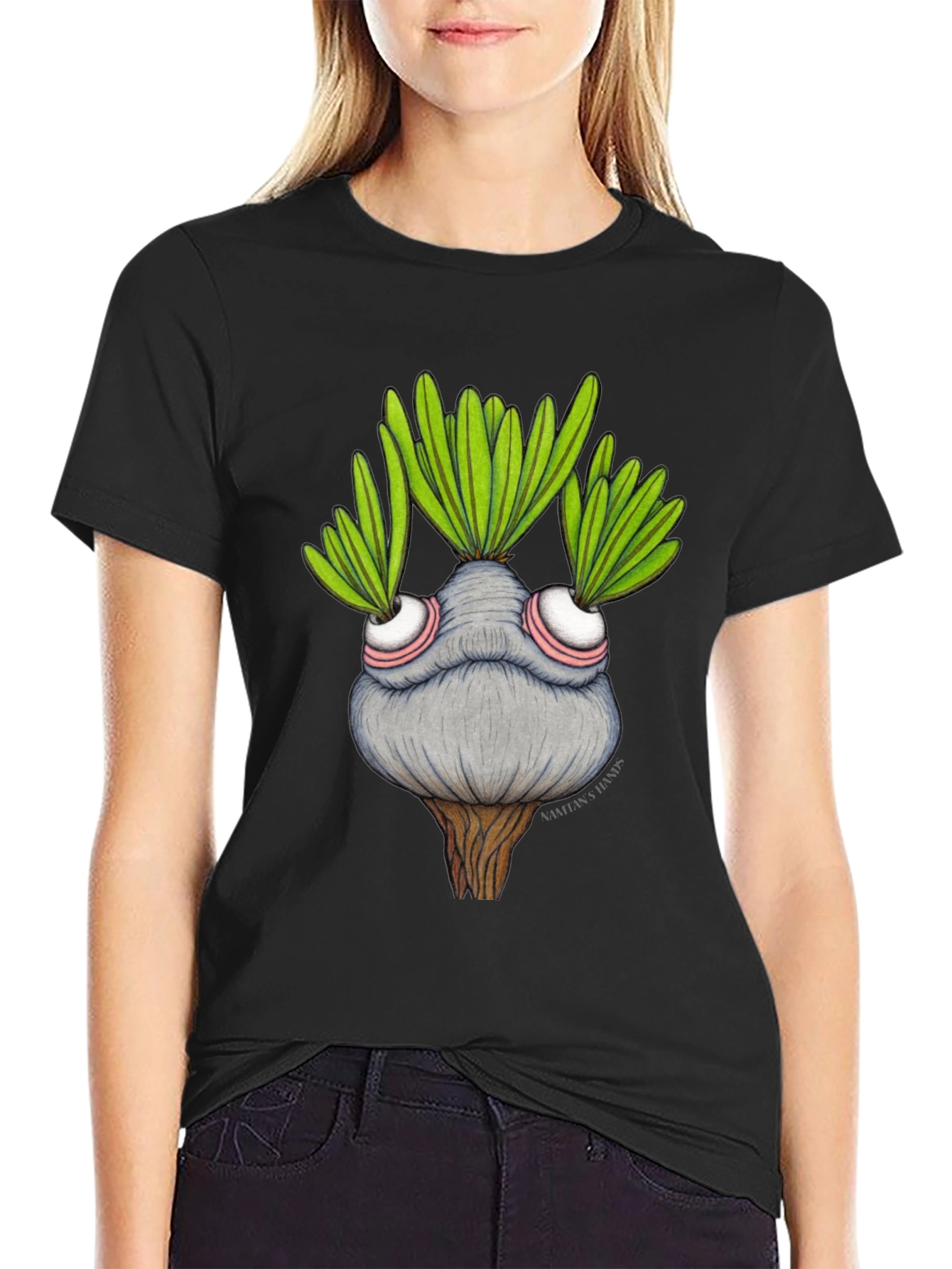 Black Whimsical Plant Character Graphic T-Shirt view 2