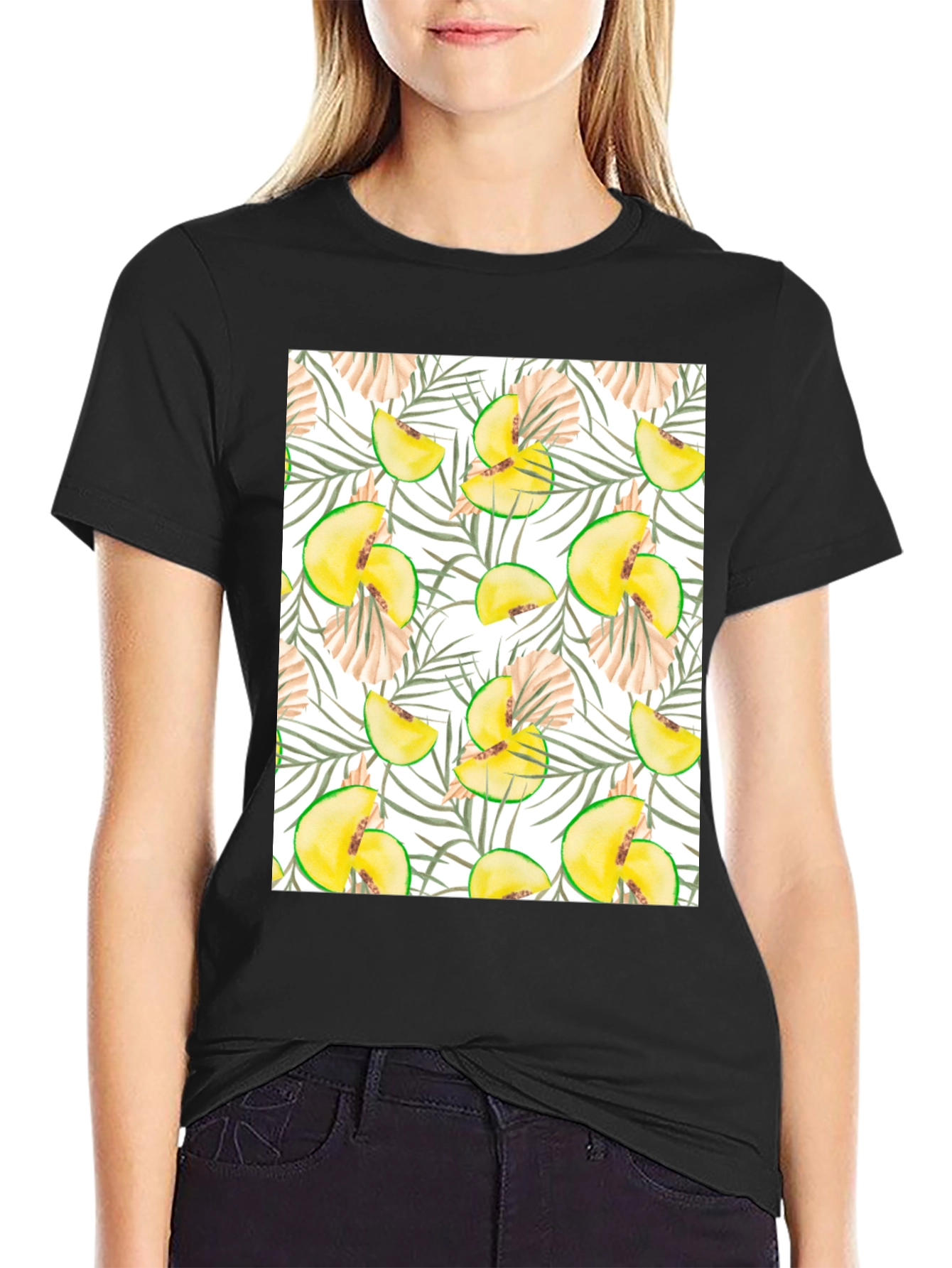 Black Tropical Peach Print Black T-Shirt view 2