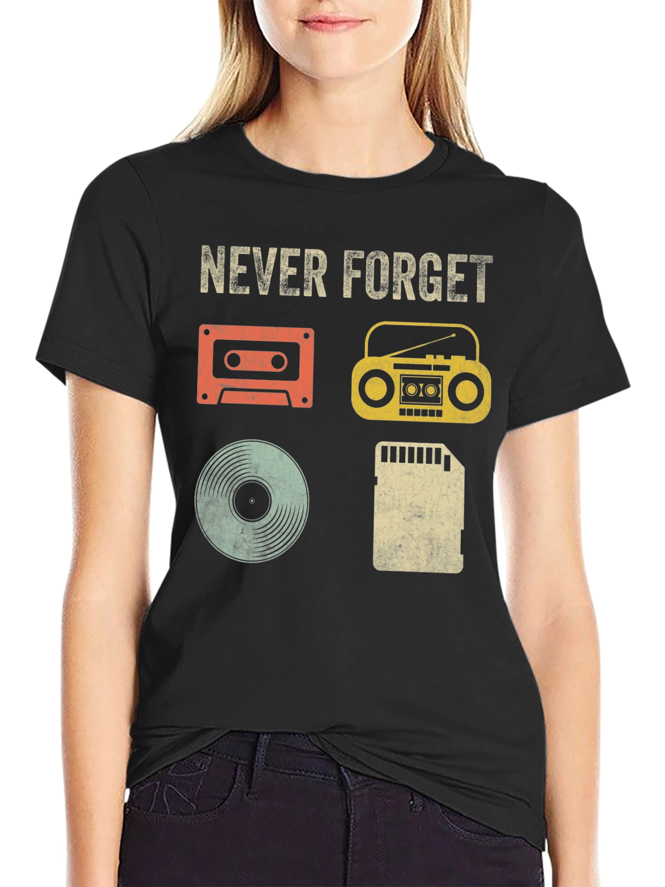 Black Retro Music T-Shirt - Never Forget Media Evolution view 2