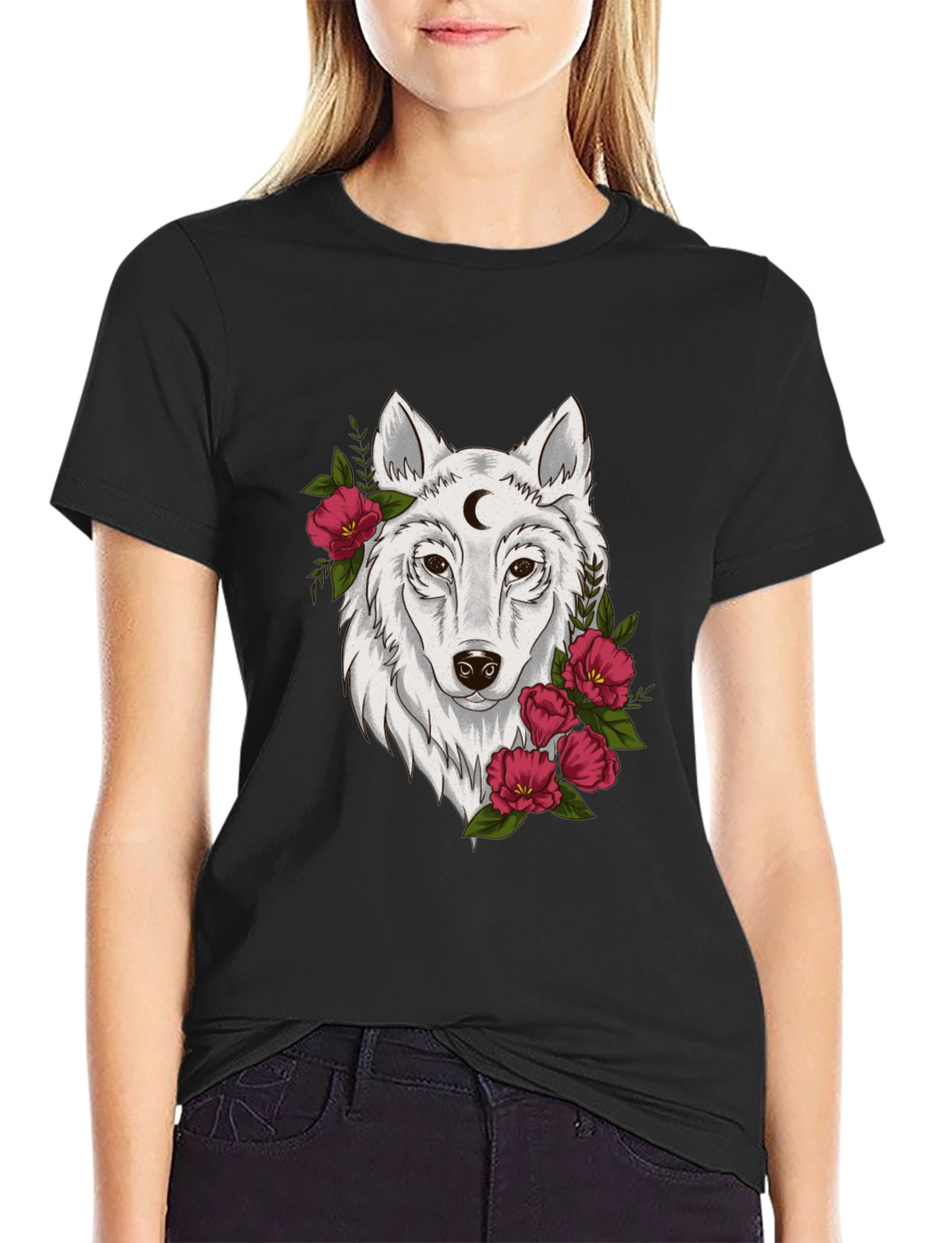 Black Wolf Moon & Flower Graphic T-Shirt - Mens view 2