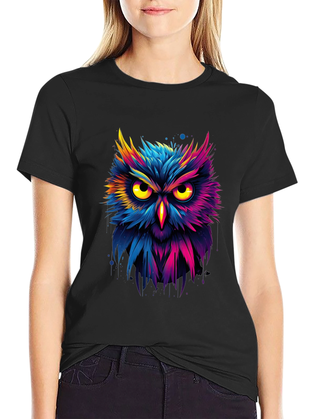 Black Vibrant Owl Graphic T-Shirt - Unique Design view 2