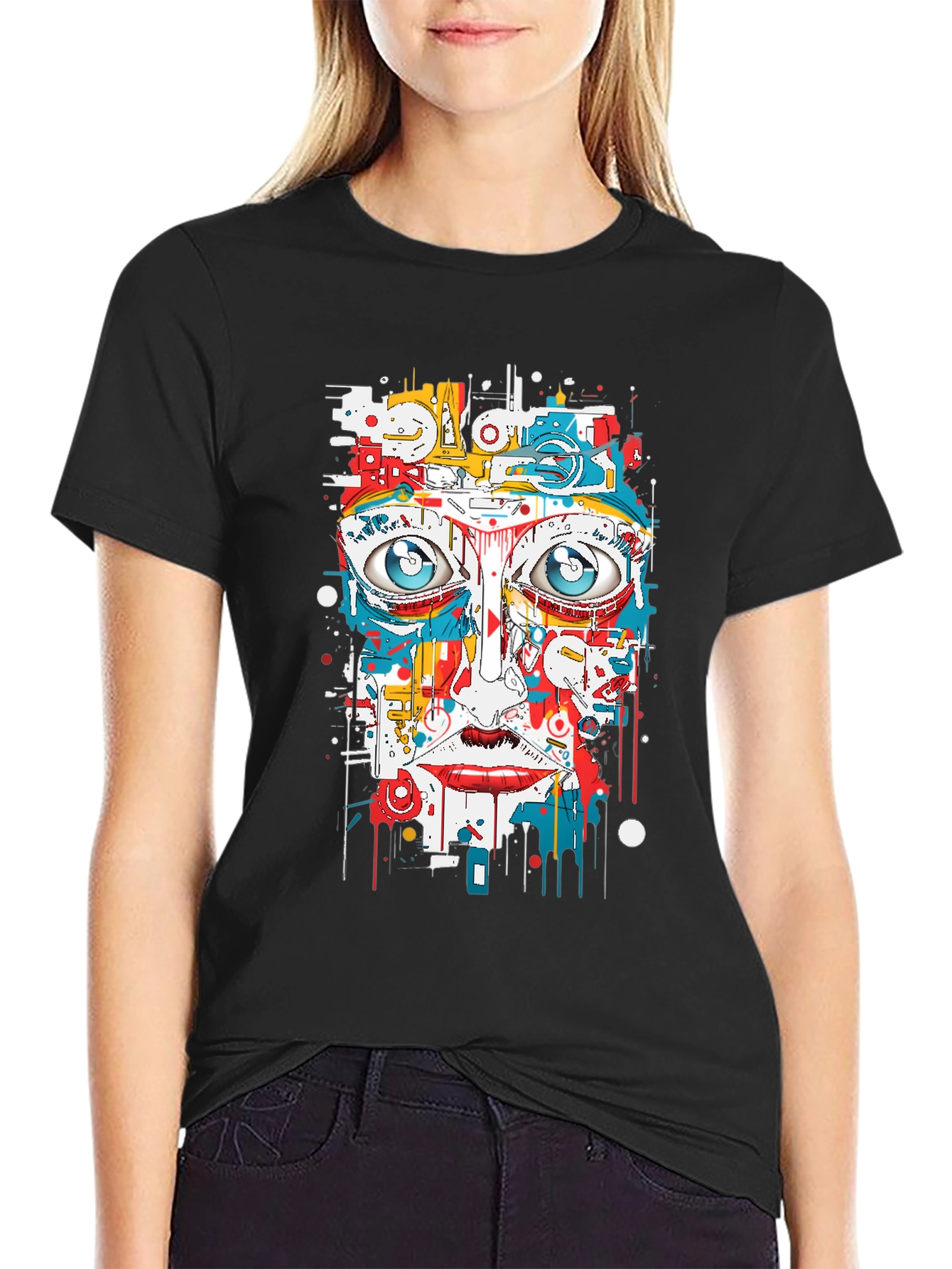 Black Abstract Face Graphic Print Black Tee view 2