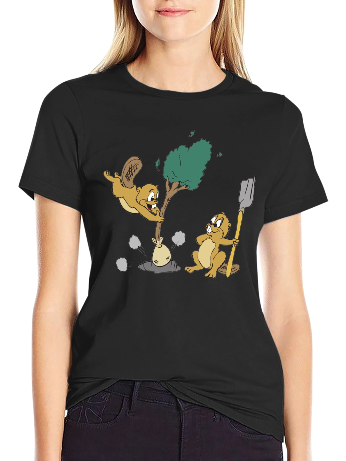 Black Funny Beaver Cartoon Graphic T-Shirt view 2