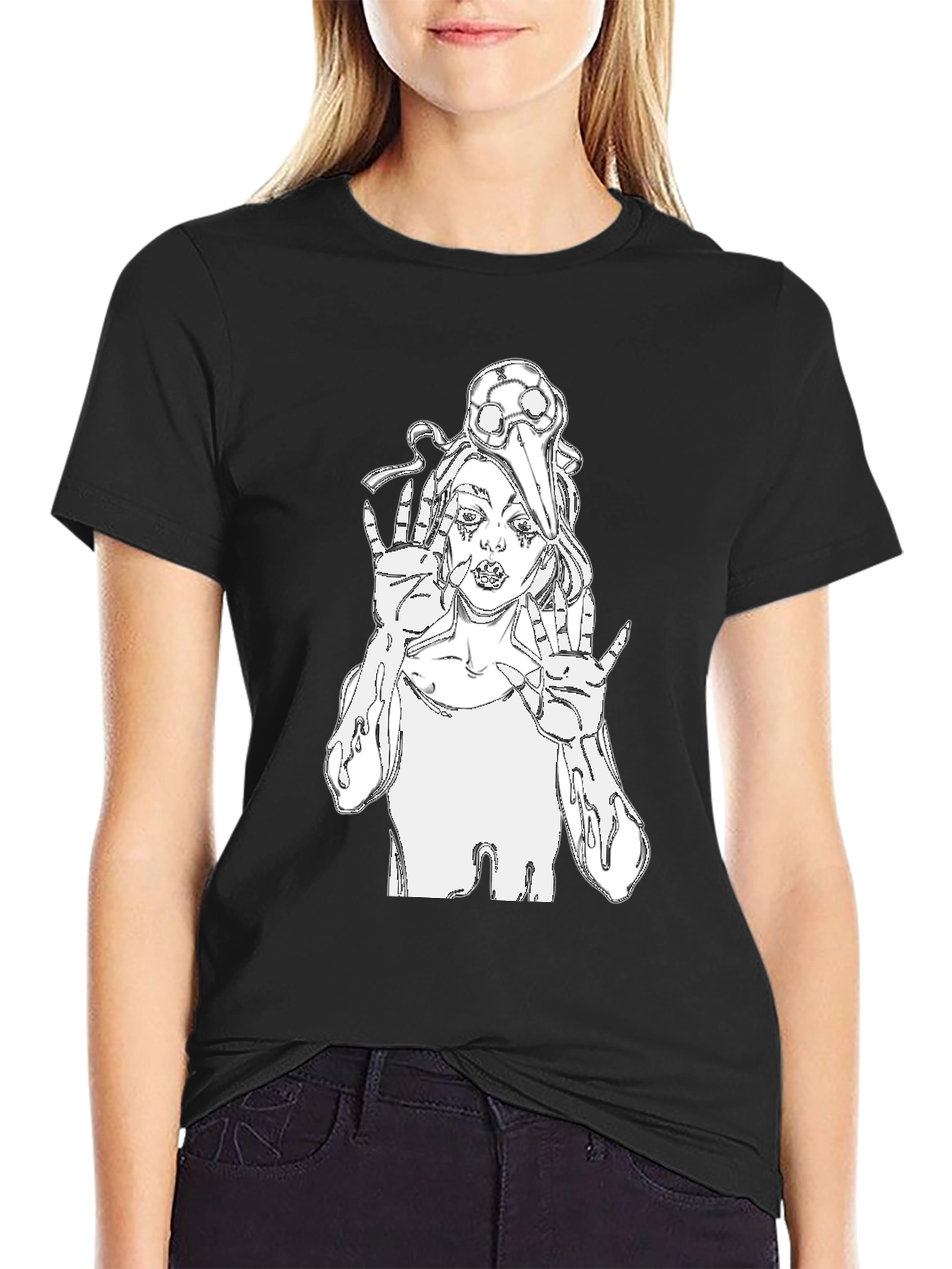 Black Edgy Graphic Tee - Black Crew Neck T-Shirt view 2