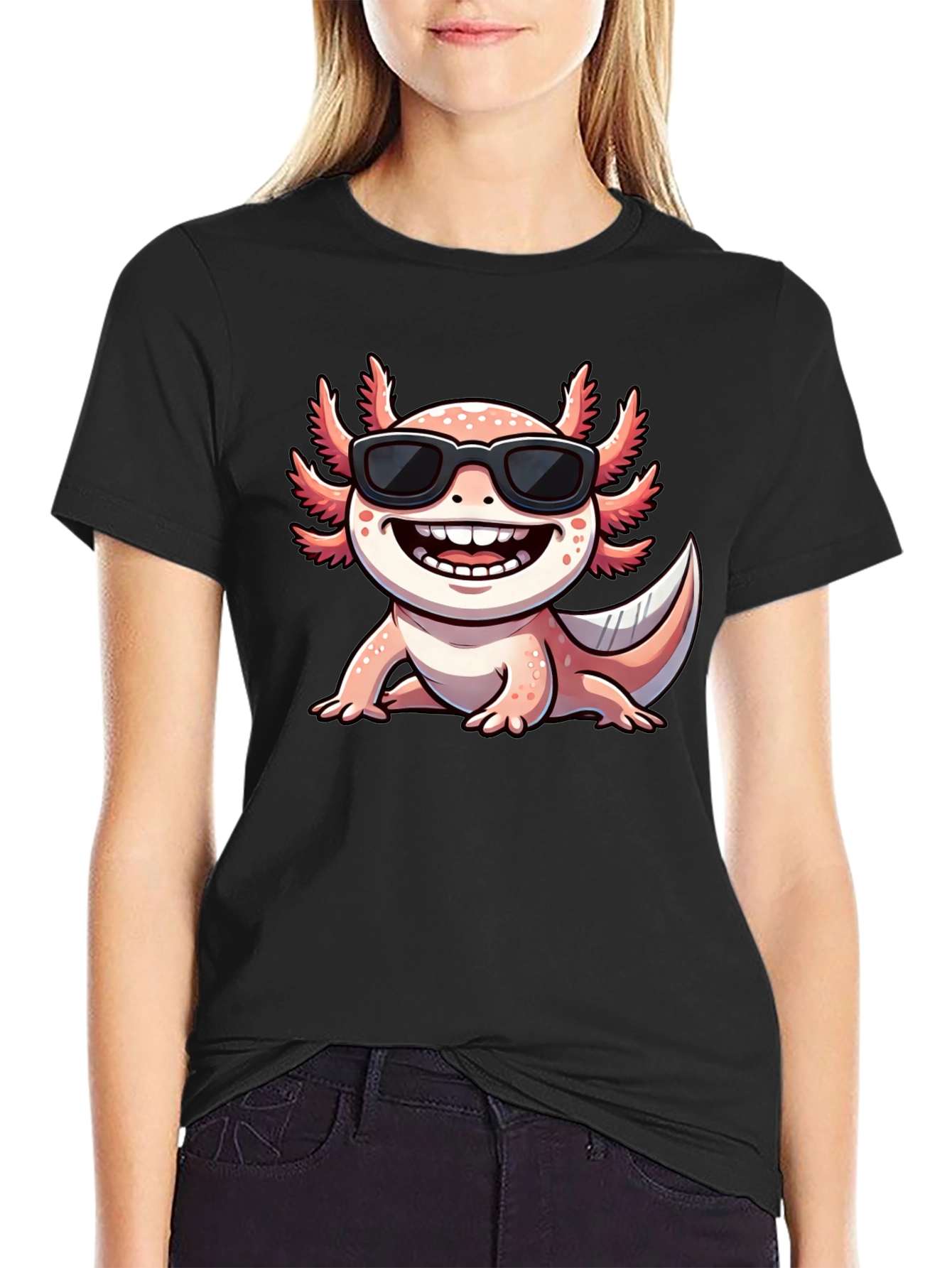 Black Cool Axolotl T-Shirt - Black Cotton Tee view 2