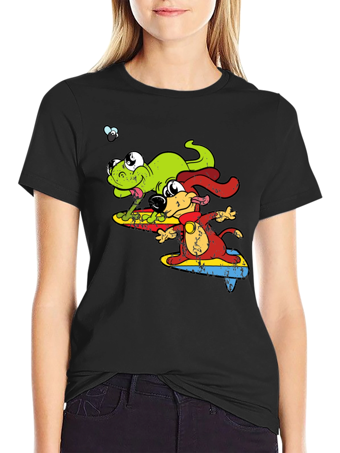 Black Cartoon Dog and Lizard Surfing Black T-Shirt view 2