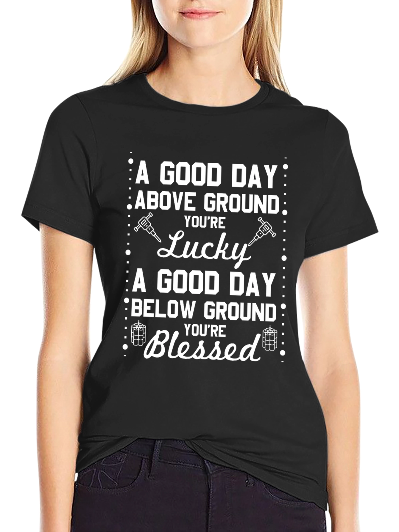 Black Lucky Blessed T-Shirt: Above & Below Ground view 2