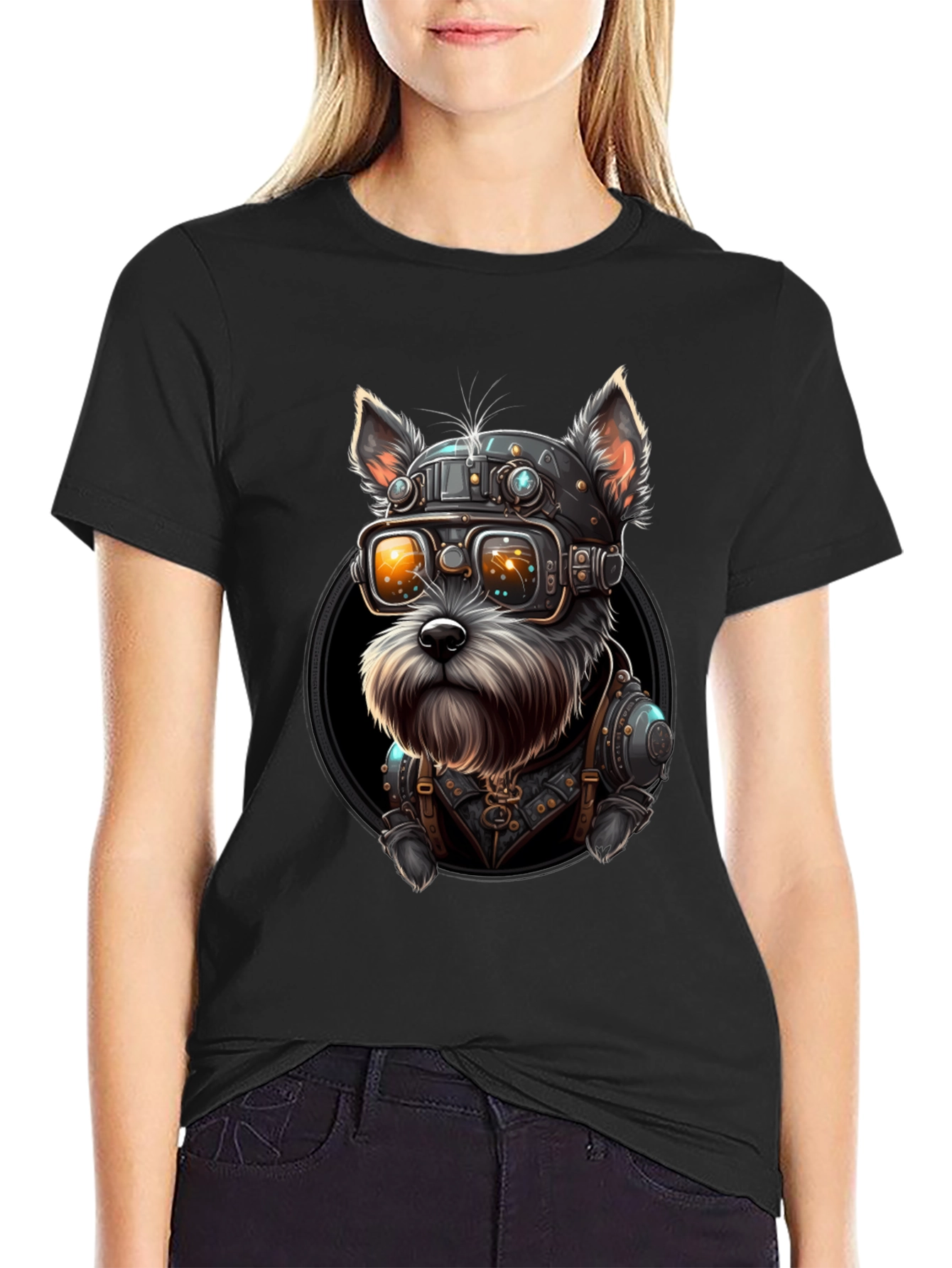 Black Steampunk Dog T-Shirt: Unique Sci-Fi Style view 2