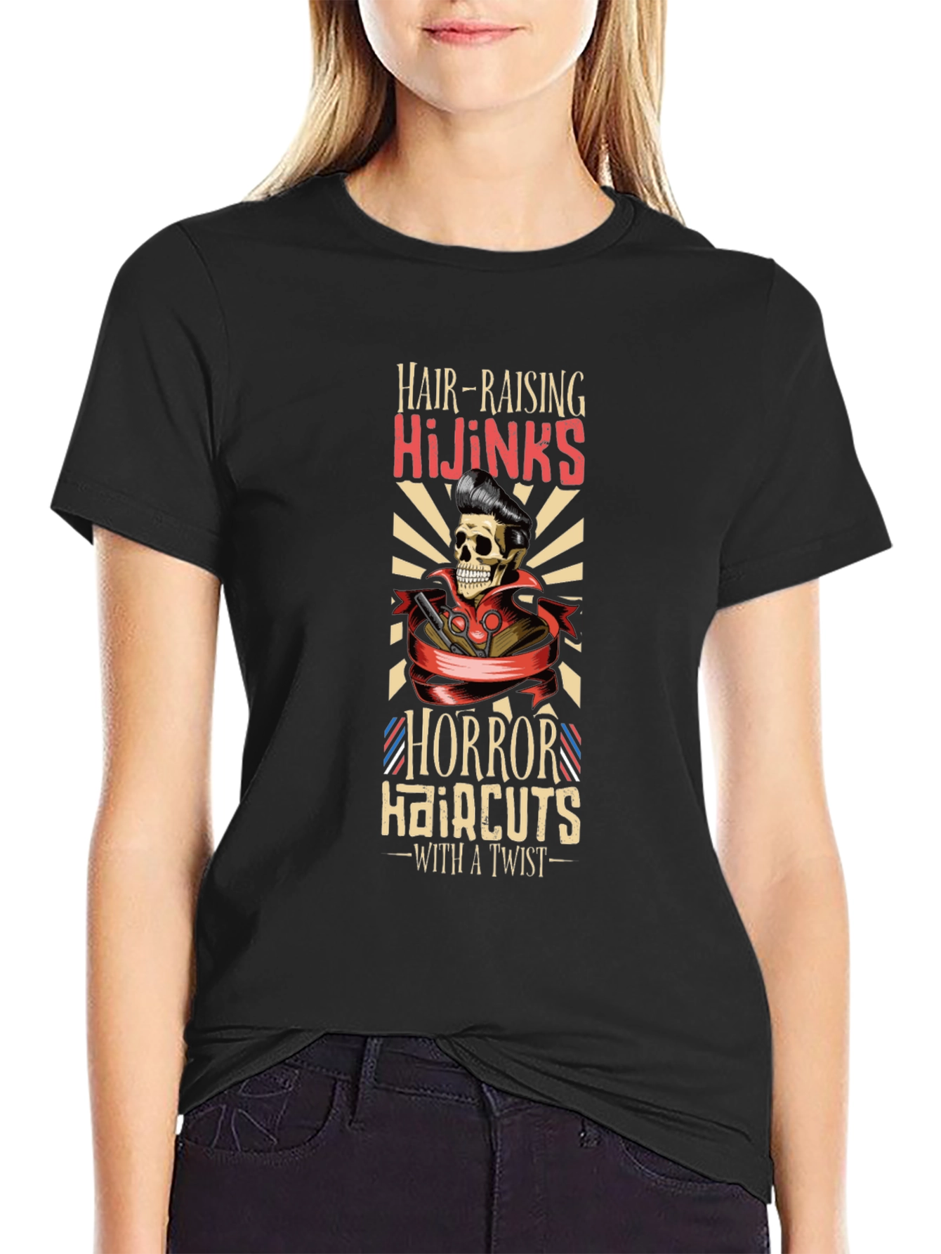 Black Hair-Raising Hijinks Horror Haircuts T-Shirt view 2