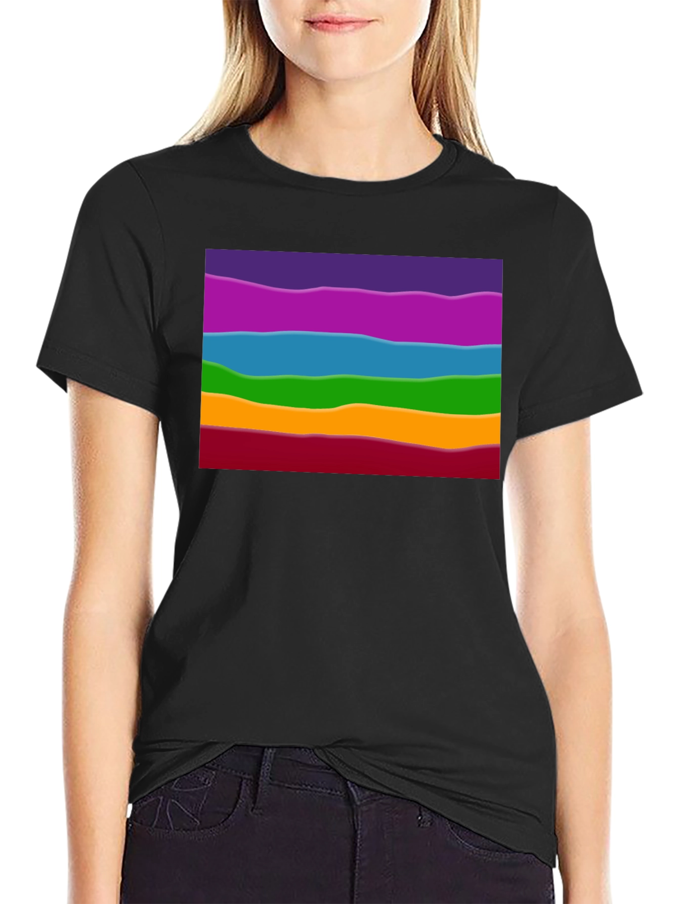 Black Rainbow Wave Graphic Black Tee - Casual Style view 2