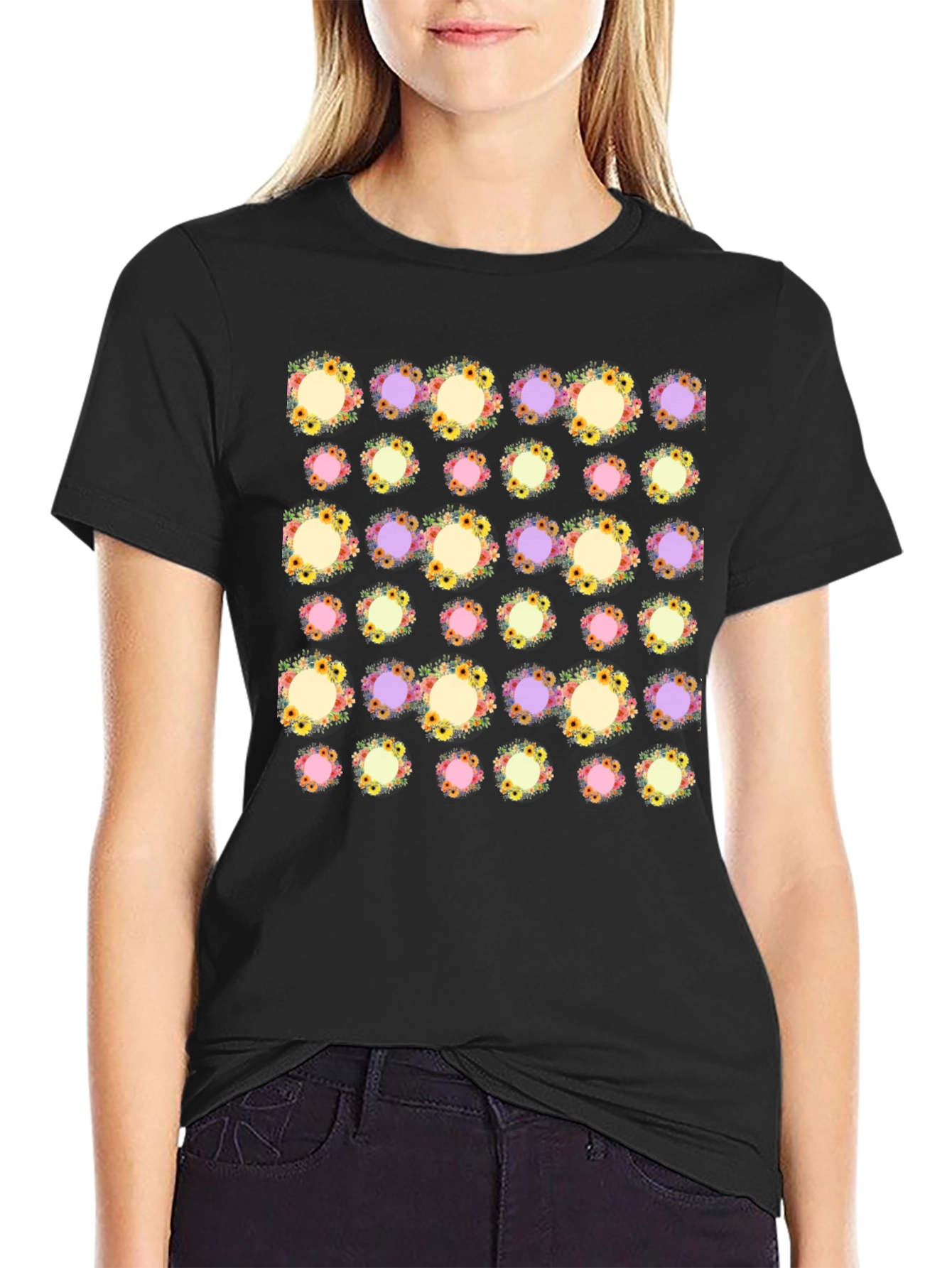 Black Floral Pattern Black T-Shirt view 2