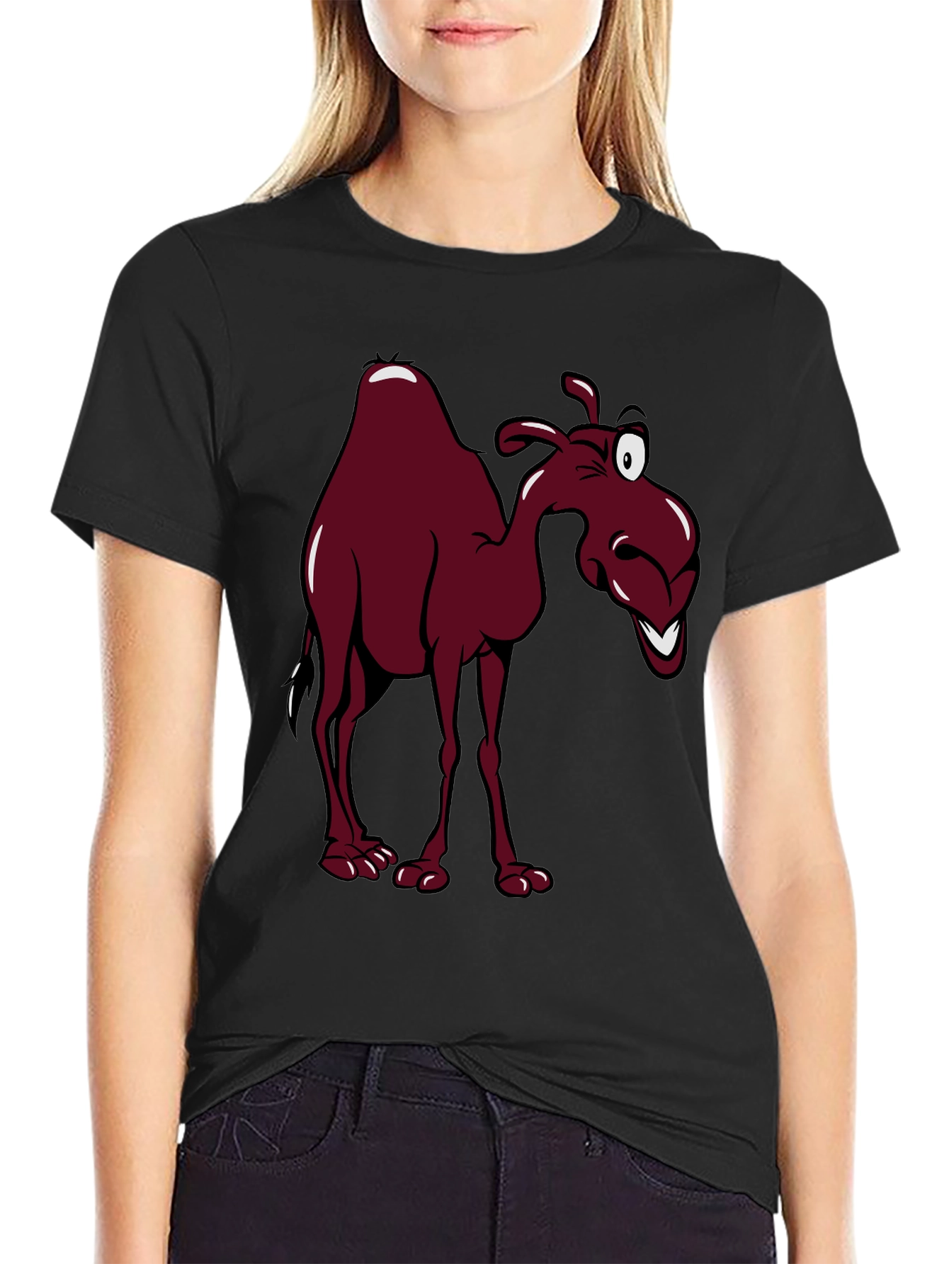 Black Cartoon Camel Graphic Tee - Black Unisex T-Shirt view 2
