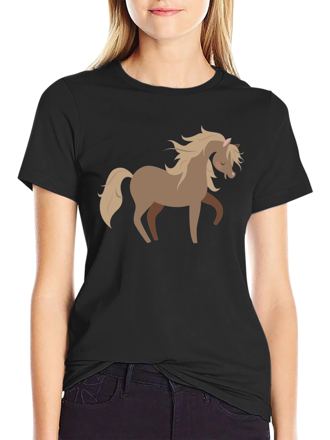 Black Cute Horse Graphic Tee - Soft Black Cotton Shirt view 2