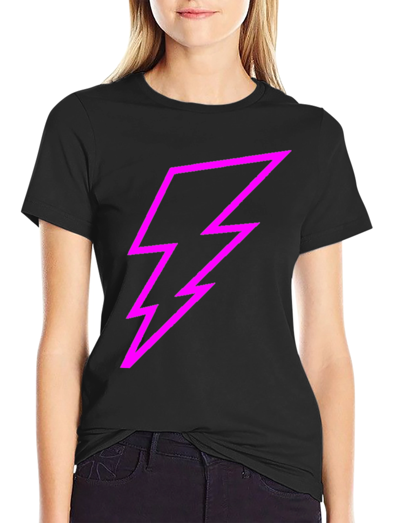 Black Black Tee with Bold Pink Lightning Bolt Design view 2