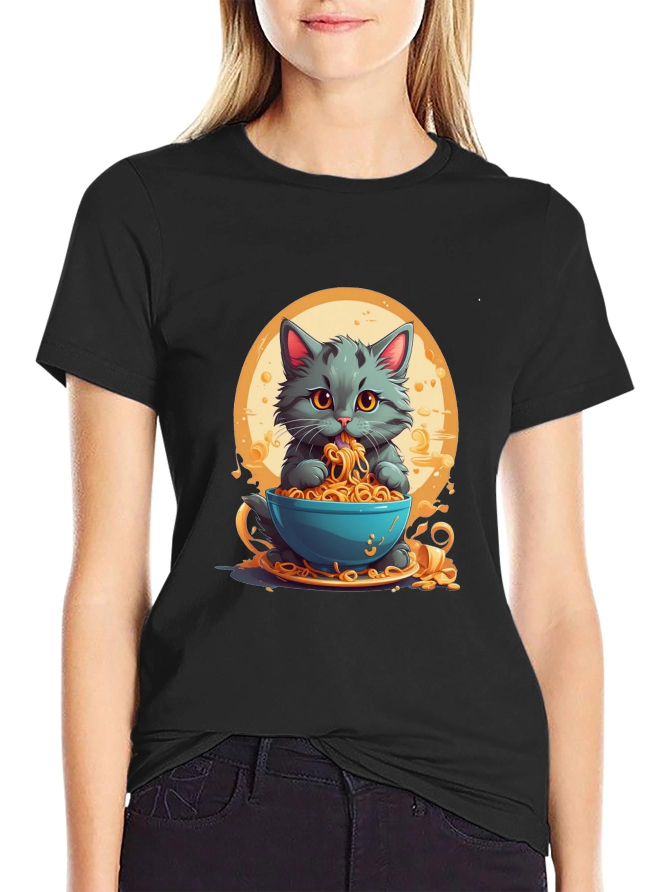 Black Cat Eating Noodles Graphic T-Shirt view 2