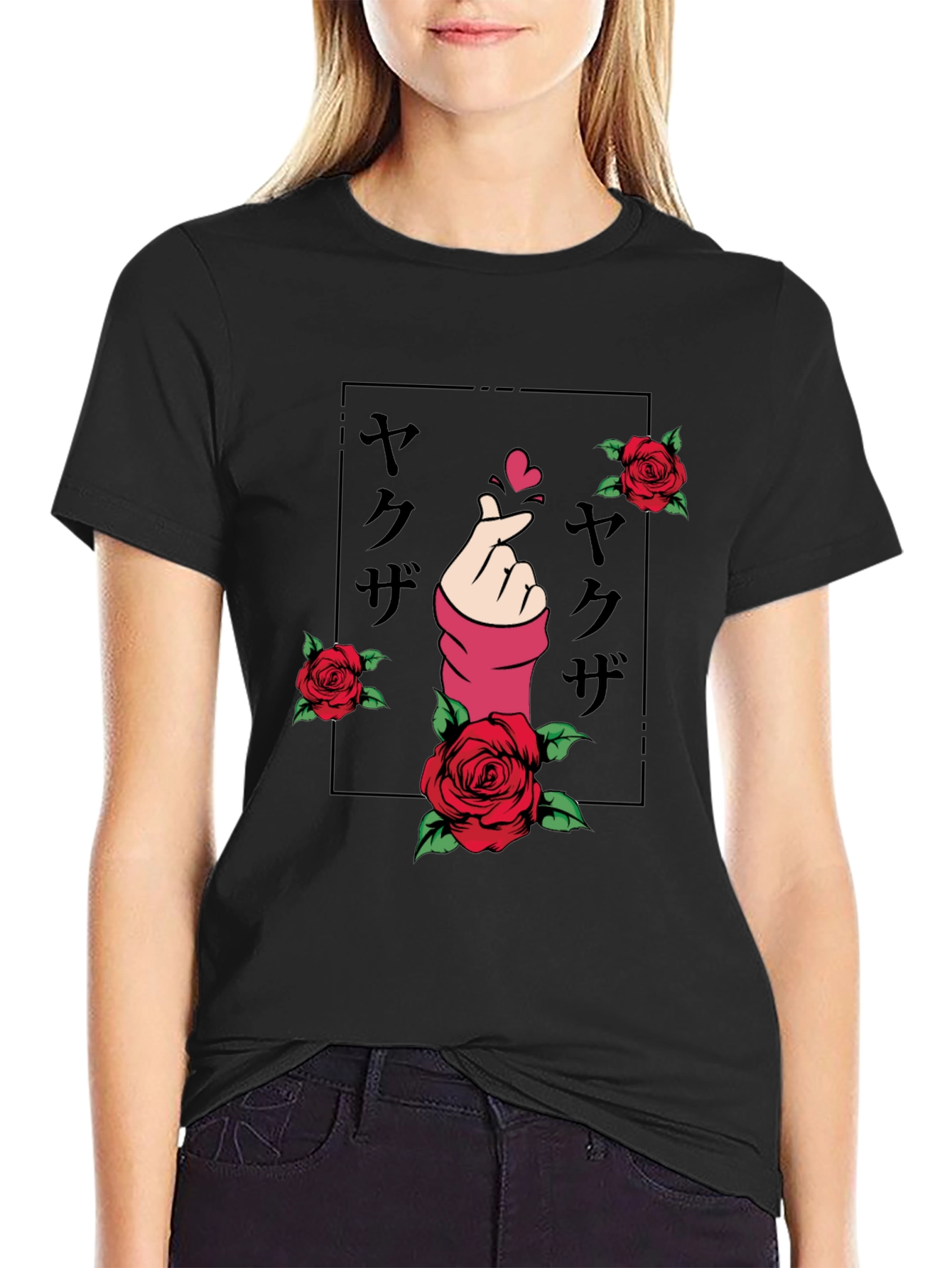Black Finger Heart & Roses Graphic T-Shirt view 2