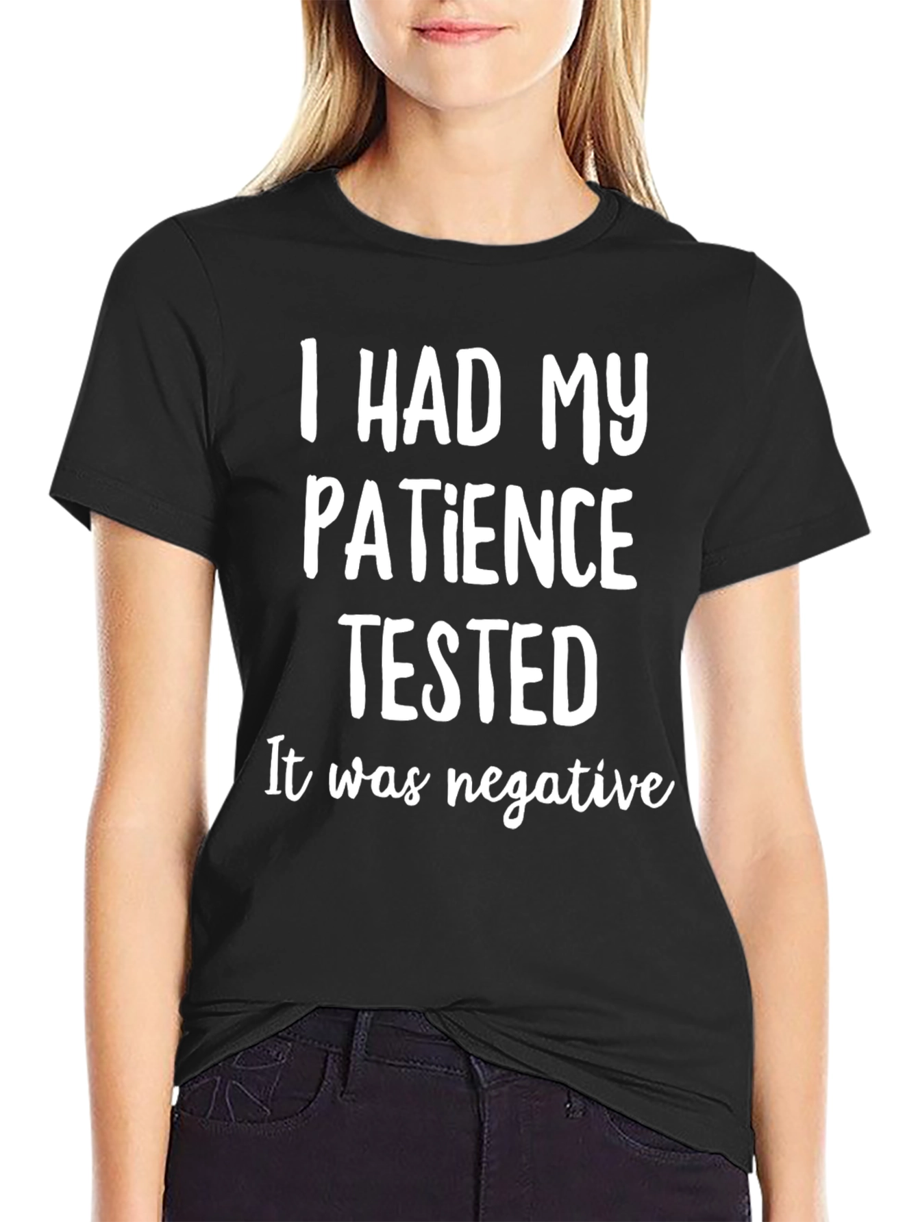 Black Funny Patience Tested T-Shirt - Black Cotton Tee view 2