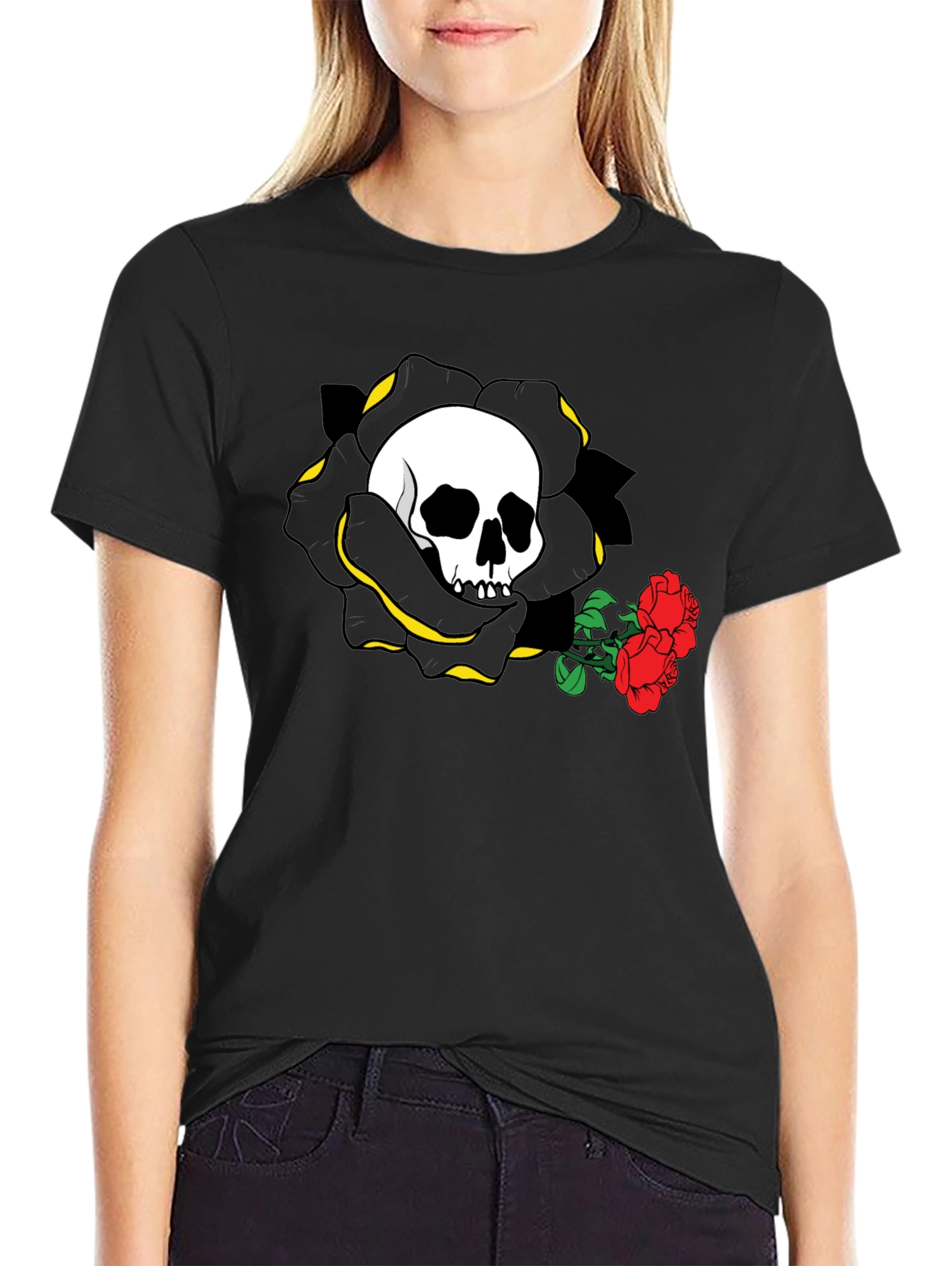 Skull and Roses Graphic Tee - Black Cotton Casual Shirt - 2