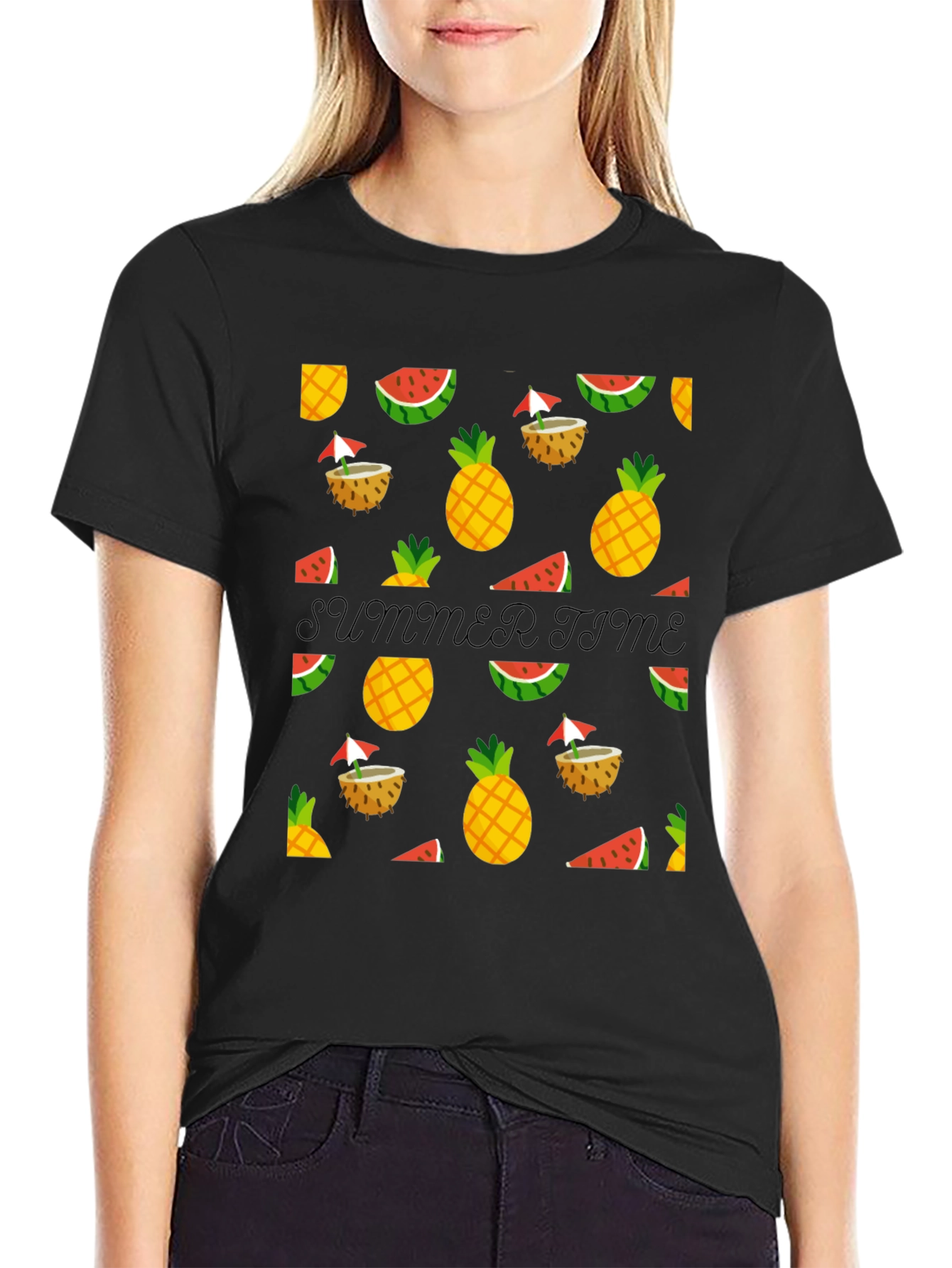 Black Summer Time Black Tee with Fruit Pattern view 2