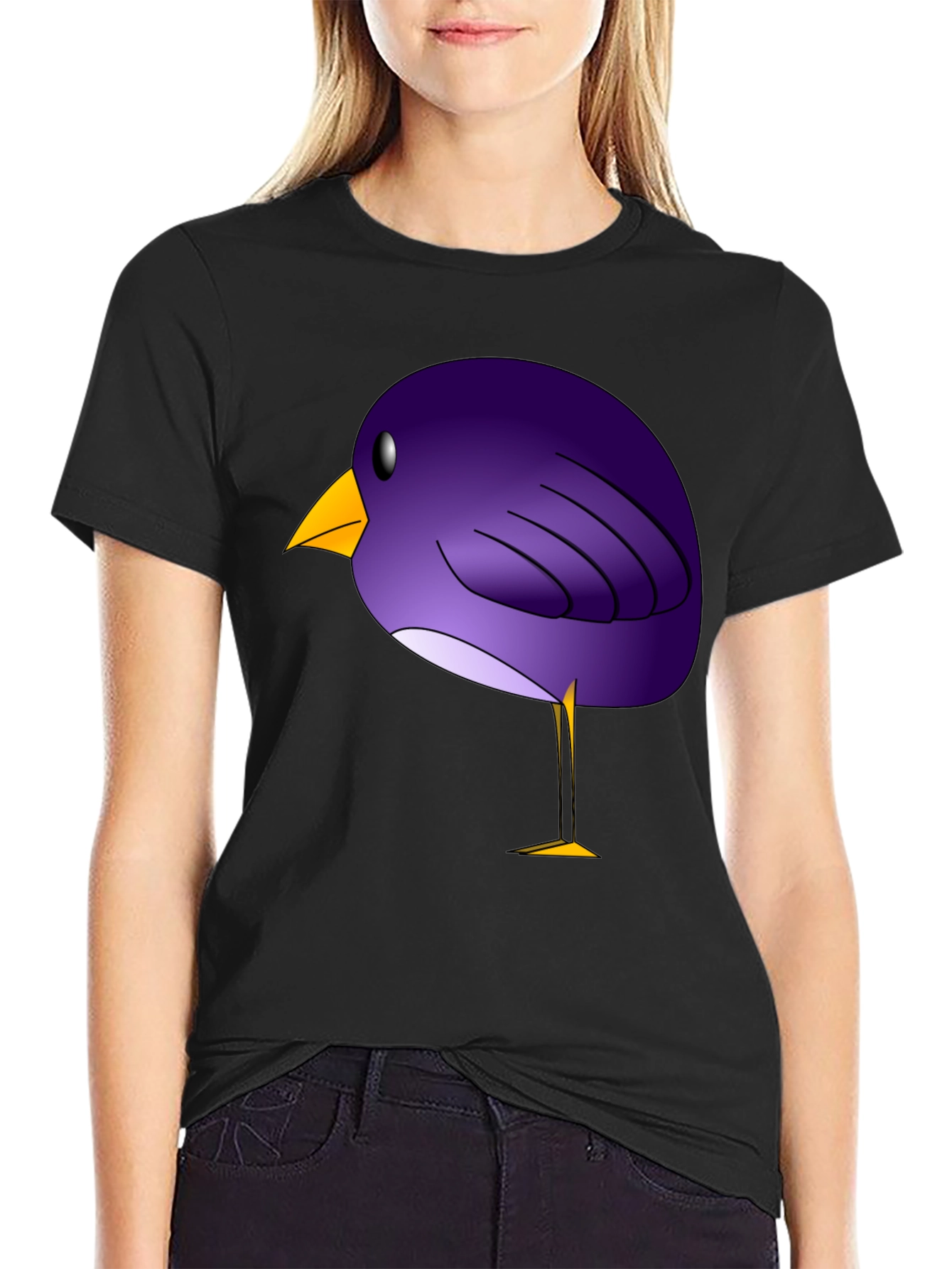 Black Whimsical Purple Bird Graphic T-Shirt view 2