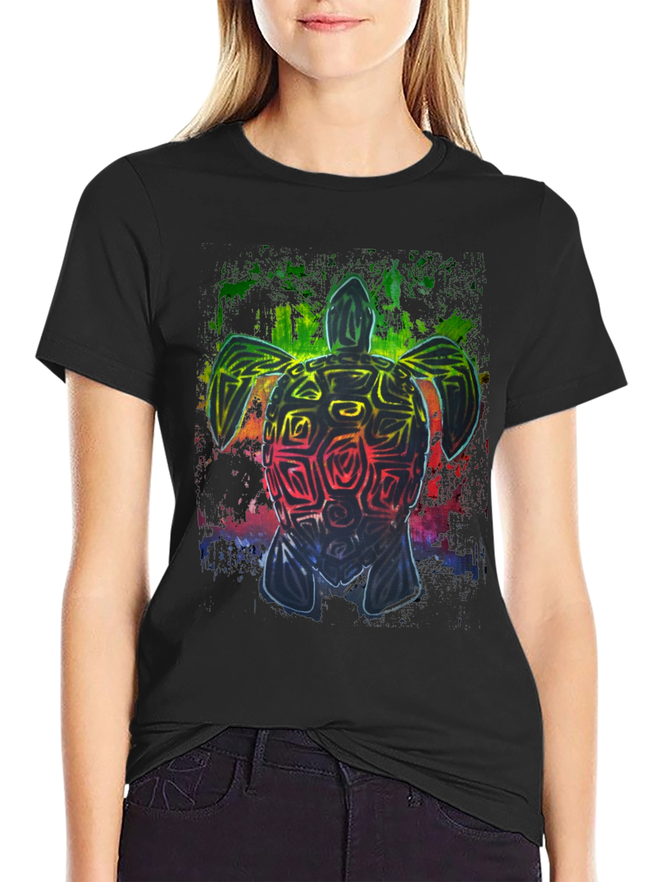 Black Rainbow Turtle Graphic Black T-Shirt view 2