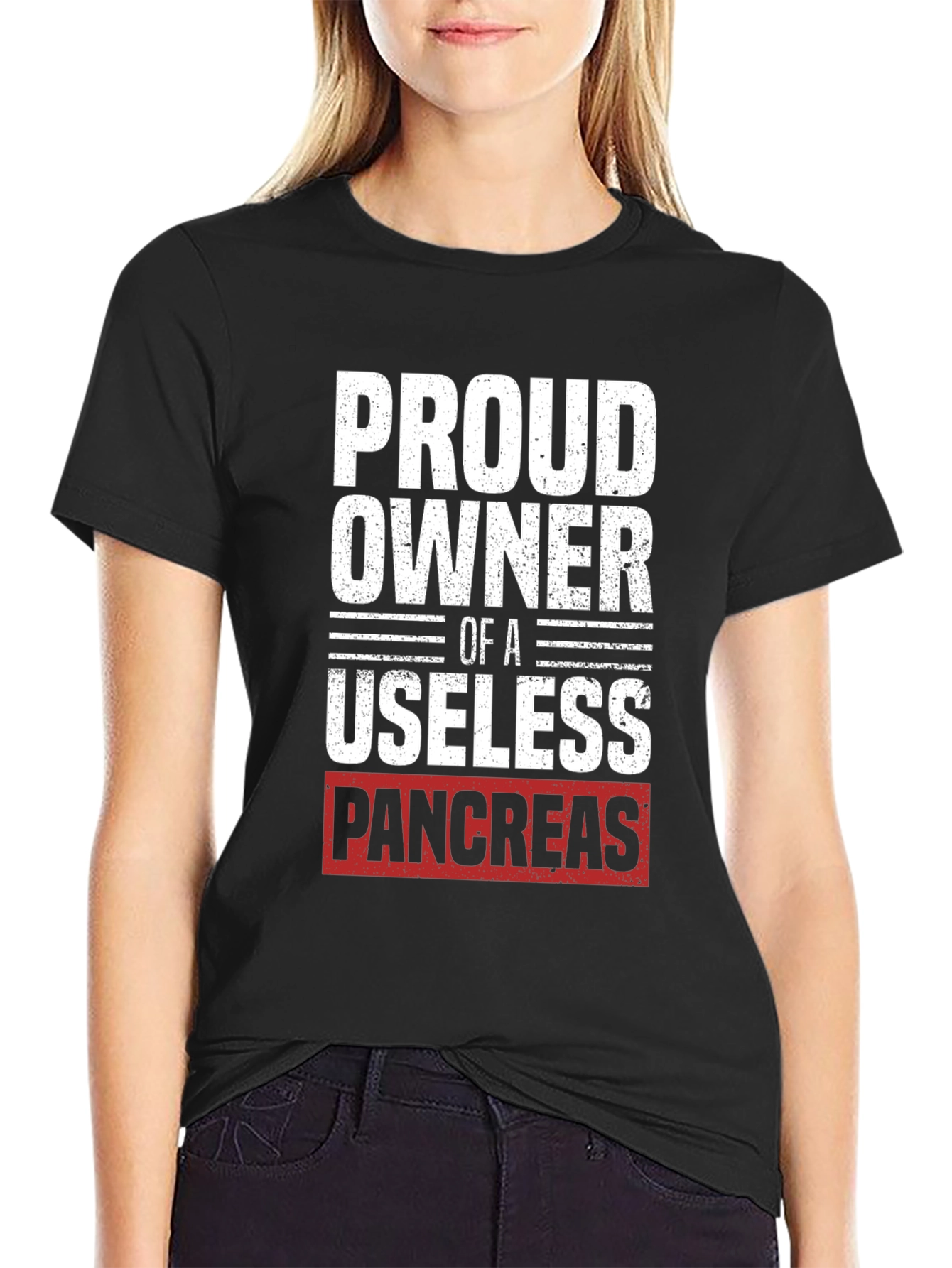 Black Proud Owner Useless Pancreas T-Shirt - Funny Diabetes Tee view 2