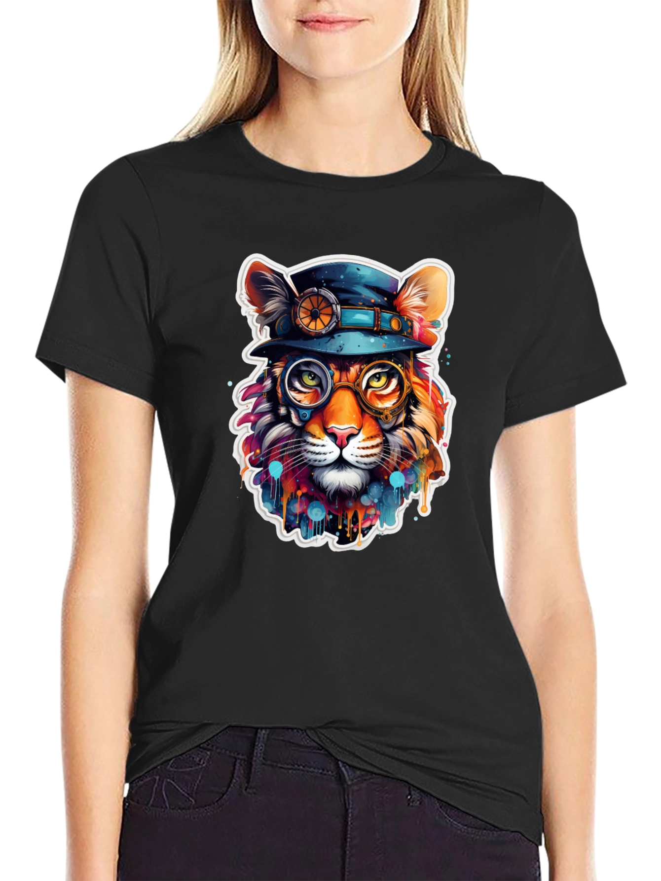 Black Steampunk Cat T-Shirt - Unique Animal Graphic Tee view 2