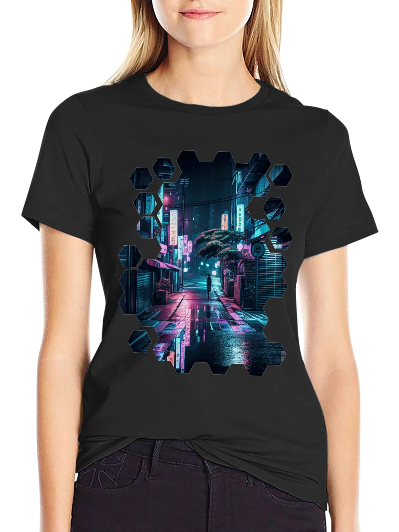 Black Cyberpunk Cityscape Black T-Shirt view 2