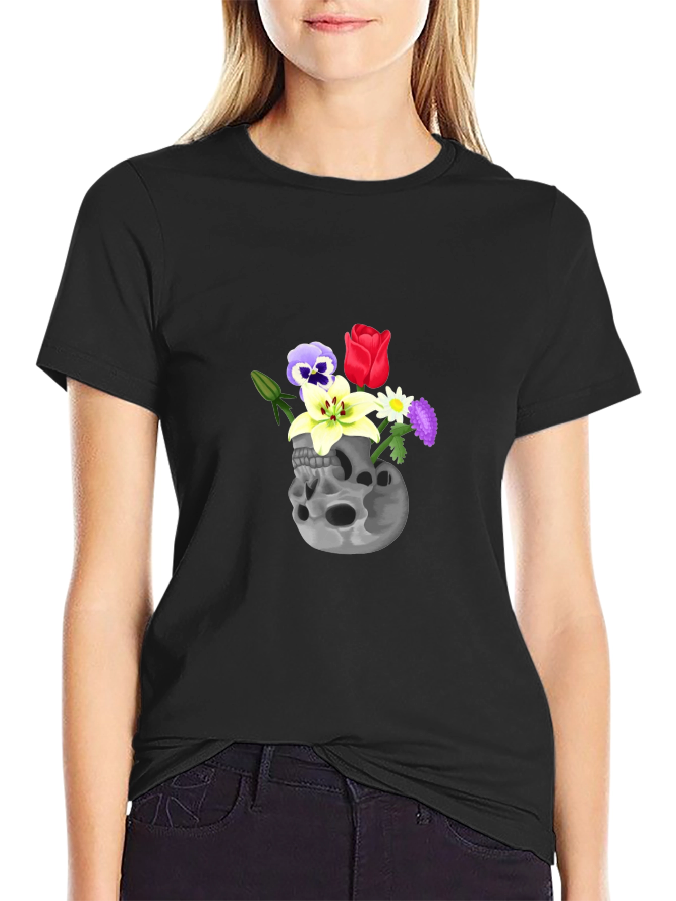 Black Skull & Flowers Graphic Tee - Black Cotton T-Shirt view 2