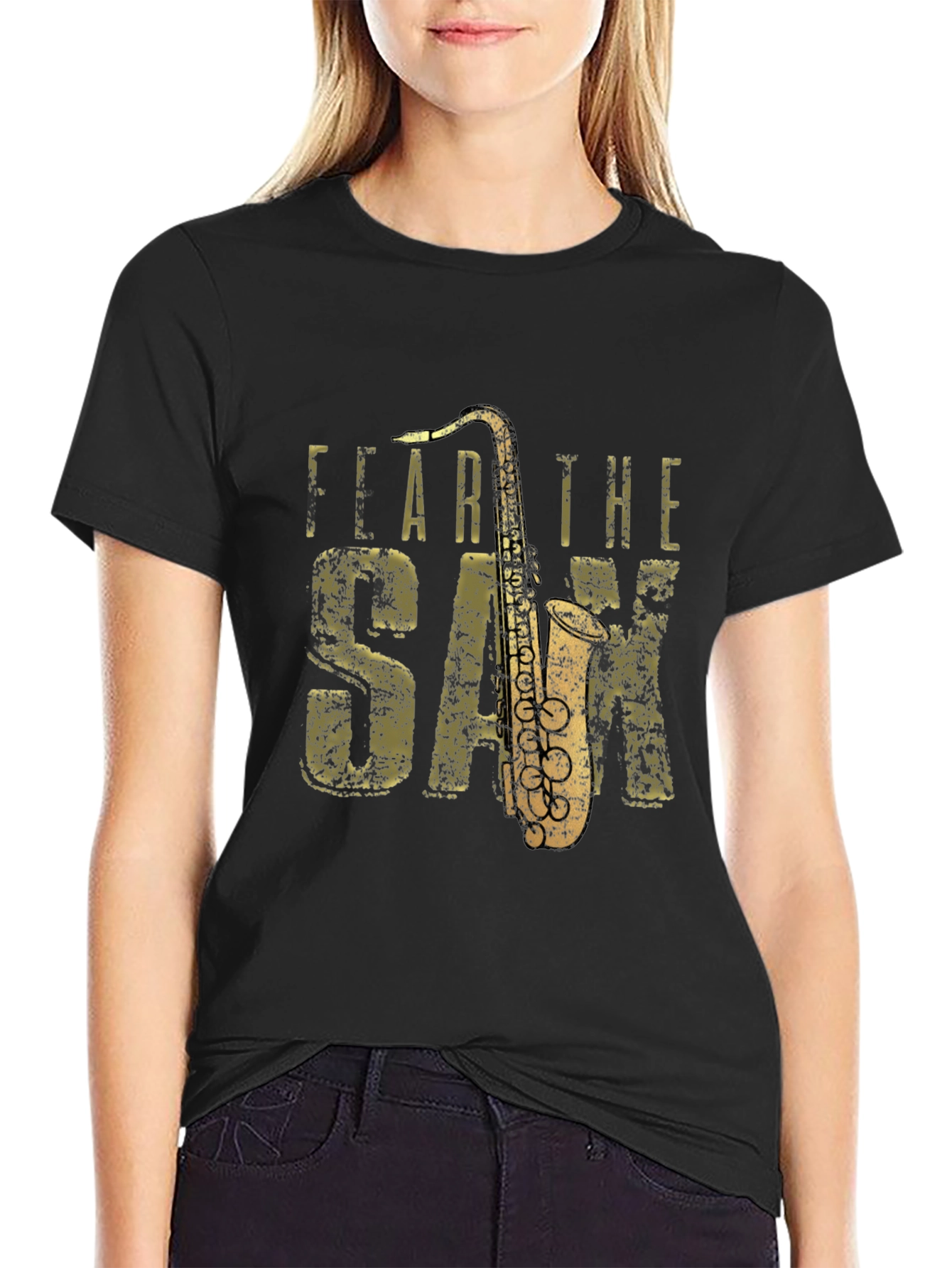 Black Fear the Sax T-Shirt - Black Cotton Tee with Saxophone Graphic view 2
