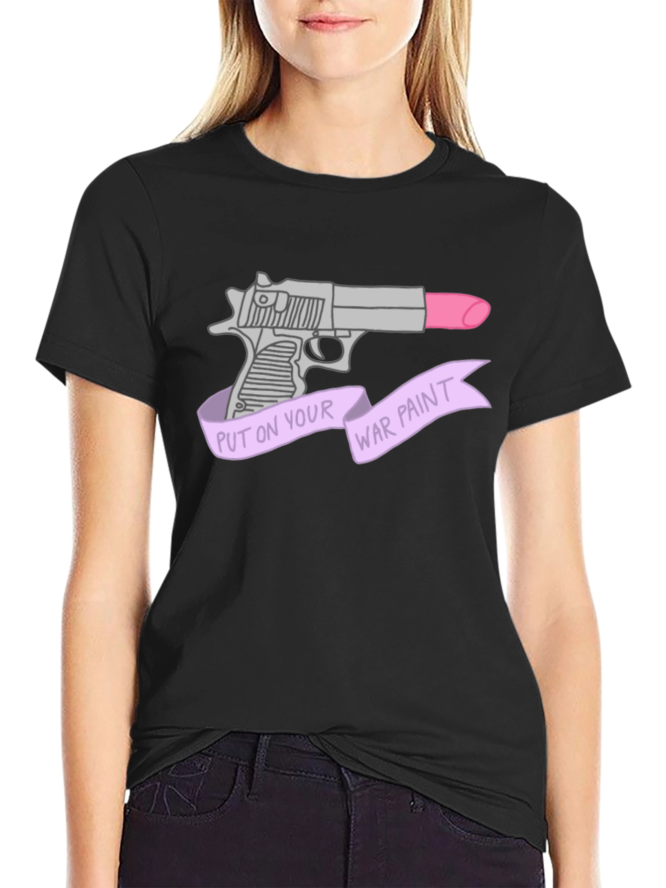 Black War Paint Lipstick Gun Graphic T-Shirt view 2