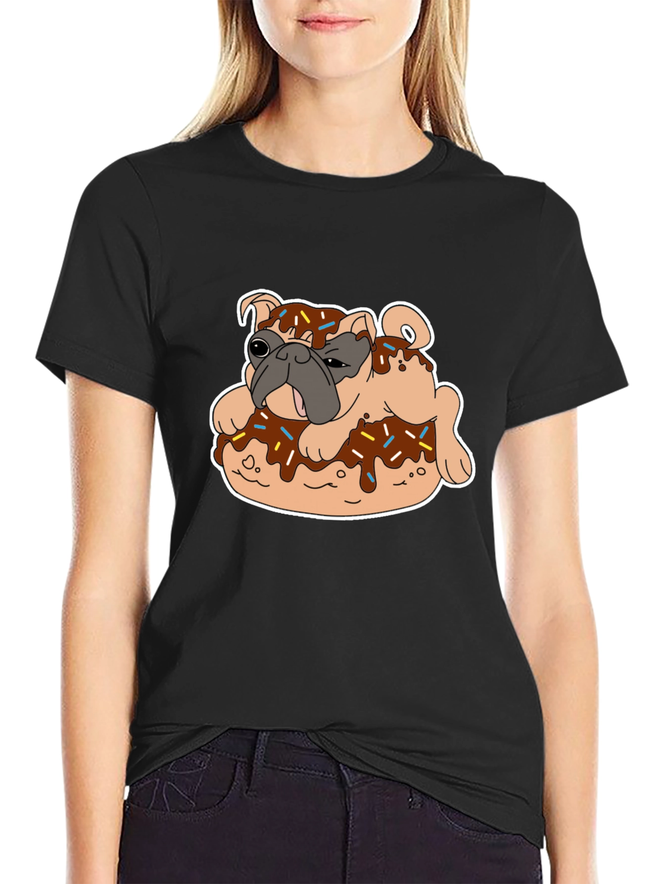 Black Pug on Donut Graphic Tee - Black T-Shirt view 2