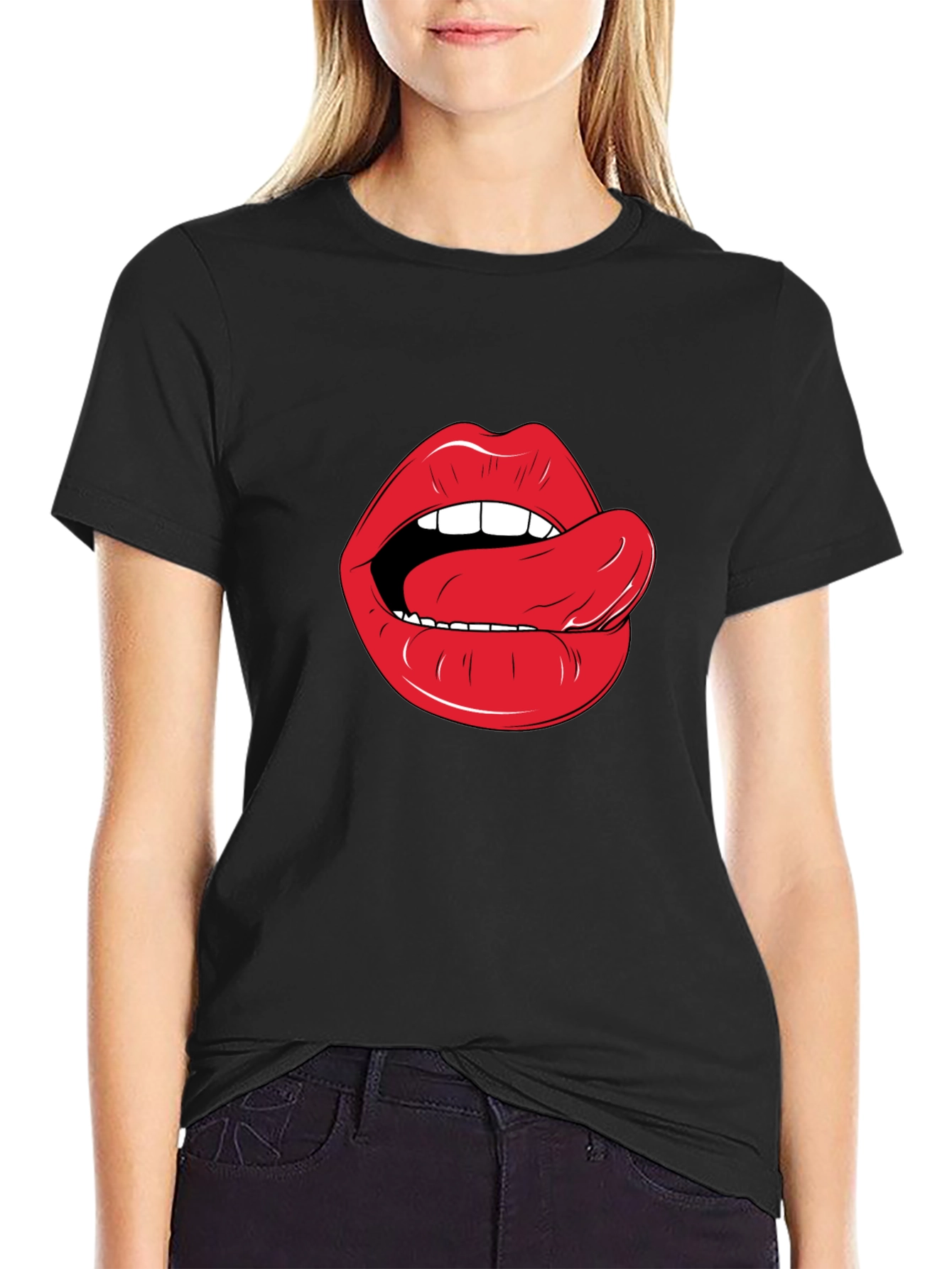 Black Lips & Tongue Graphic Tee - Black Cotton T-Shirt view 2