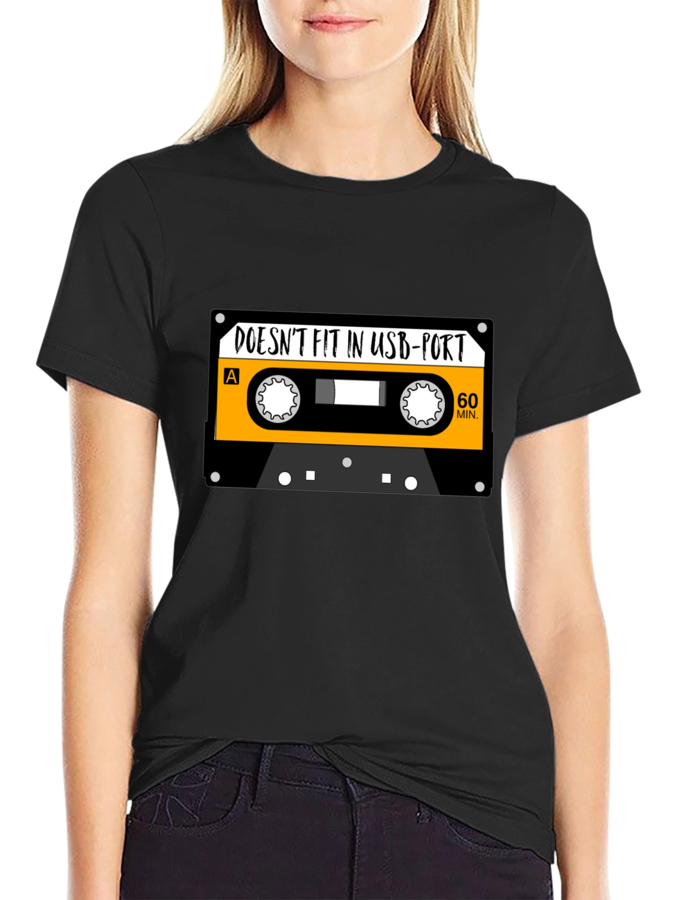 Black Retro Cassette Tape USB Port T-Shirt - Funny Music Tee view 2