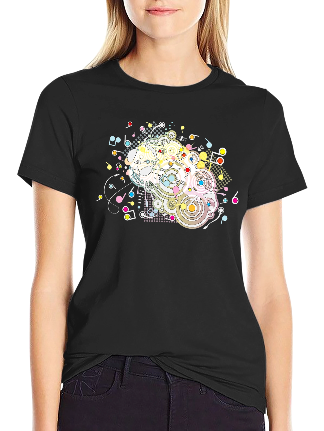 Black Abstract Music Notes Graphic Black T-Shirt view 2